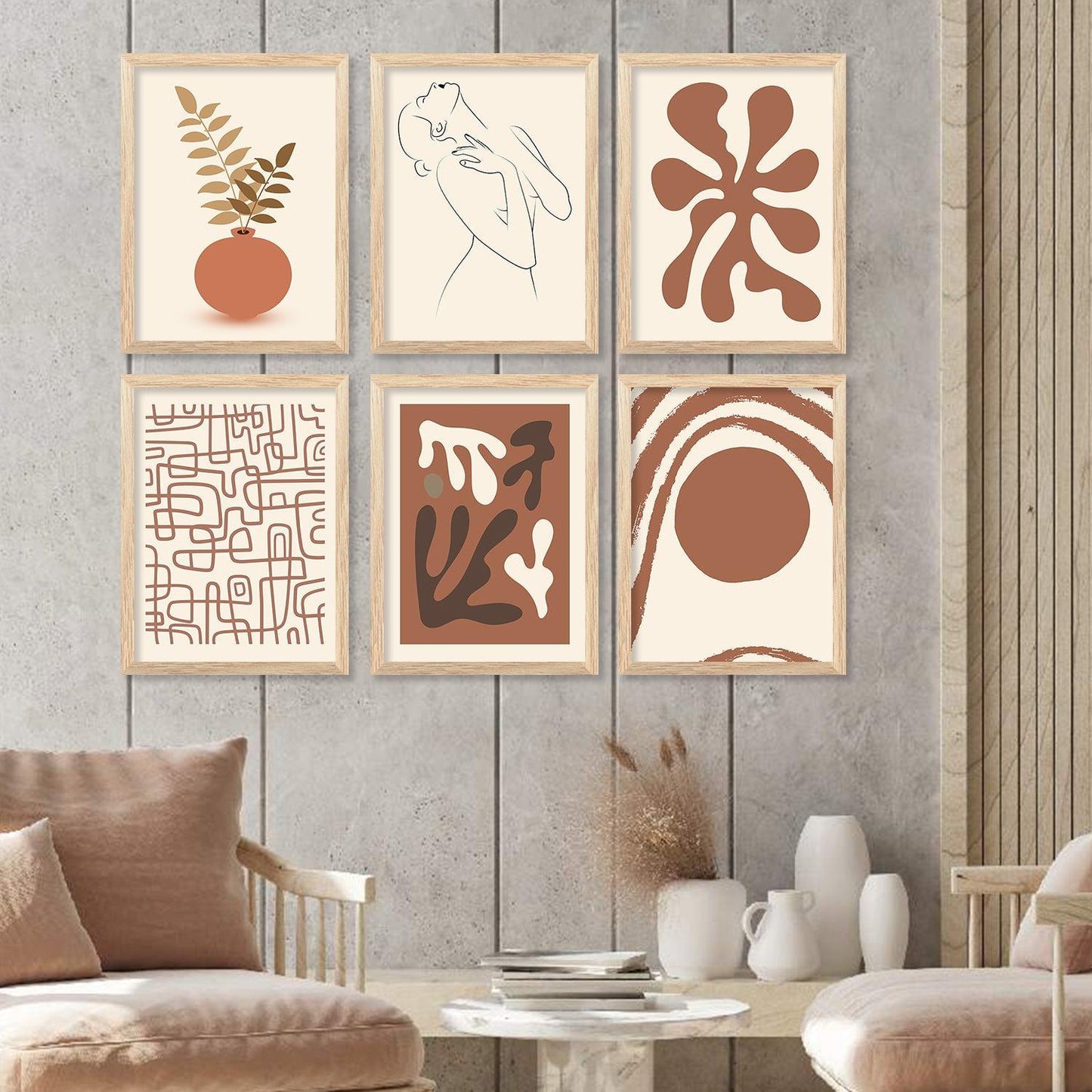 Boho Wall Art Paintings with Frame for Living Room Bedroom Home and Office Wall Decor Set of 6-Kotart