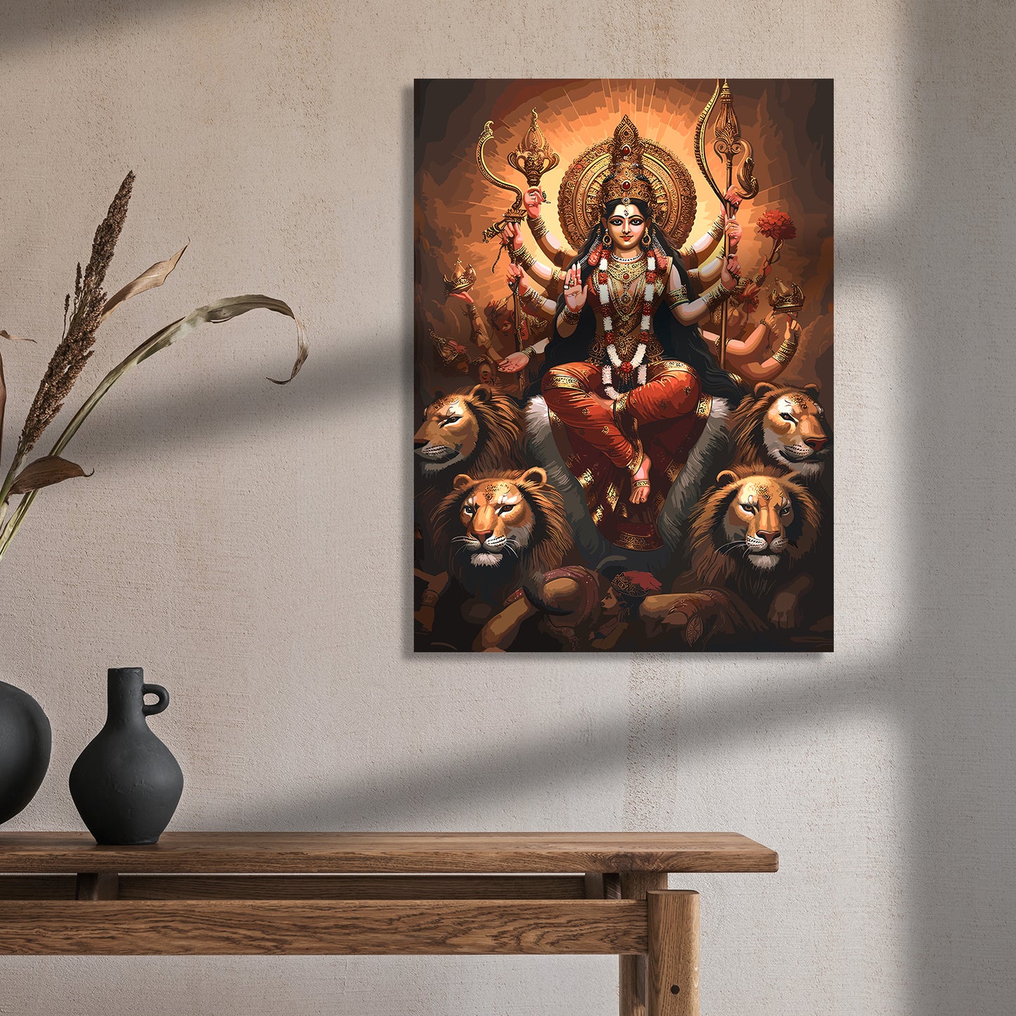 Durga's Radiance: Timeless Canvas Masterpiece for Home and Living Room Pooja Room Wall Decor-Kotart