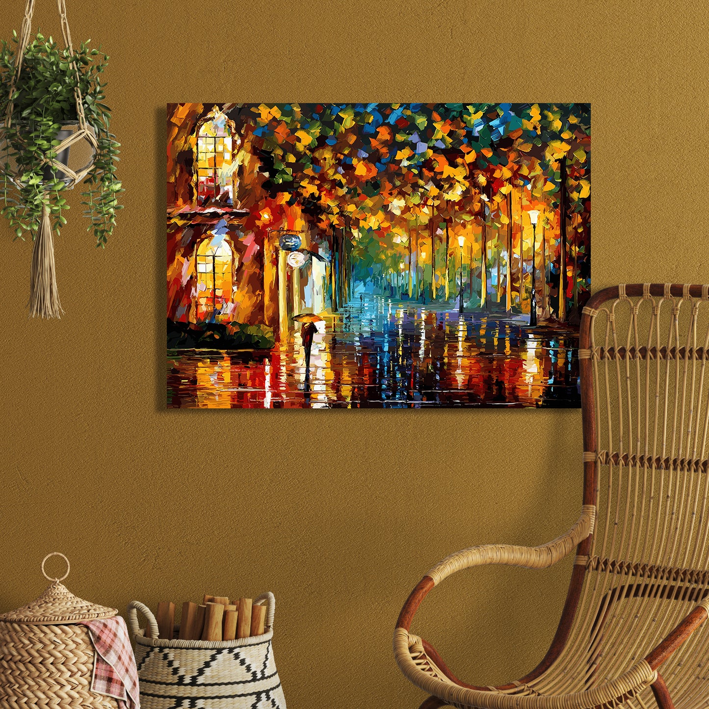 Contemporary Mixed Media Canvas Painting Inspired By Leonid Afremov Featuring a Vibrant City Scene for Office Wall Art-Kotart