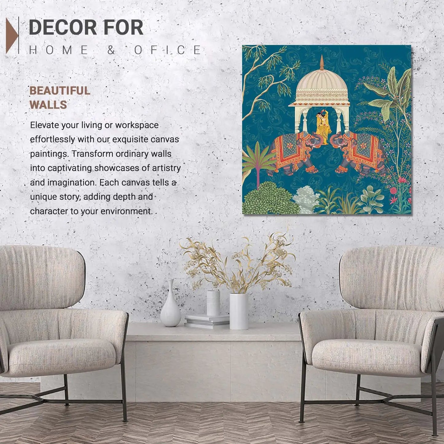 Traditional Indian Vibrant Pichwai Art Canvas Print with Royal Elephant for Wall Decor