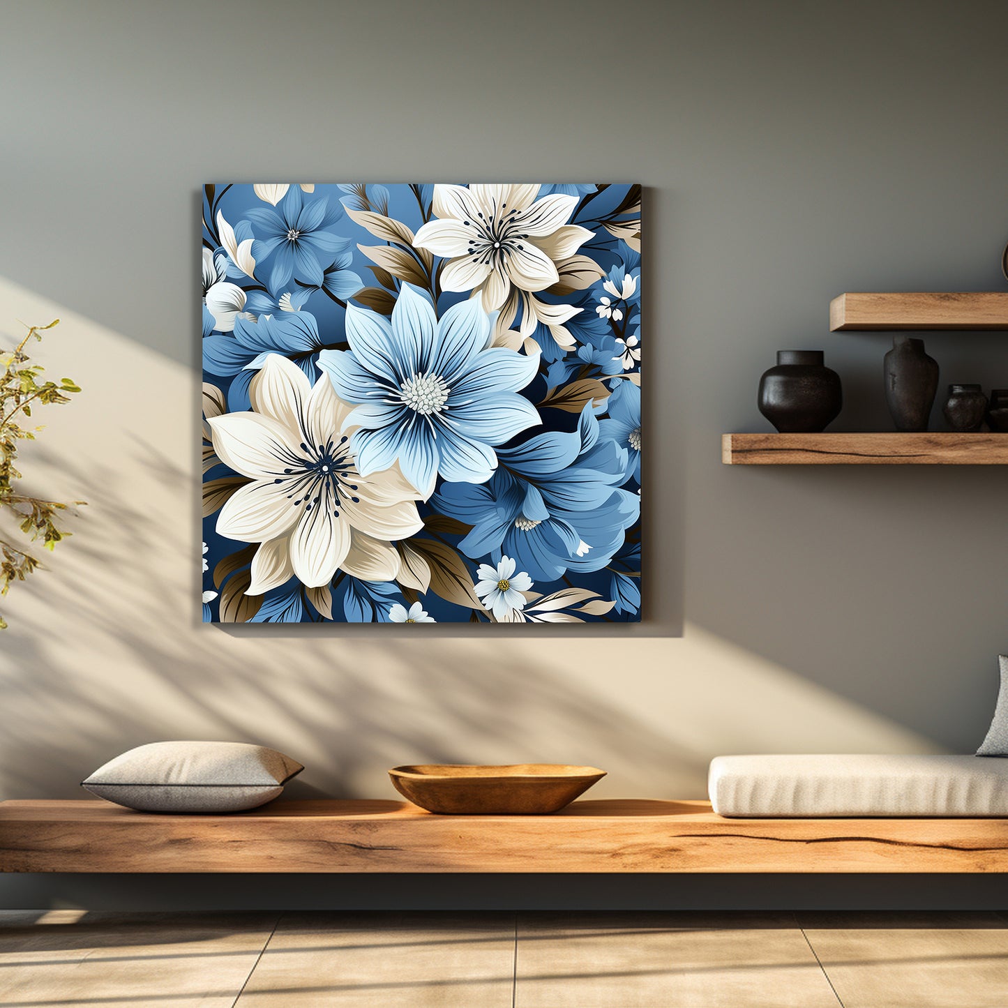 Beautiful Blue Floral Canvas Print for Living Room Bedroom Home and Office Wall Decor
