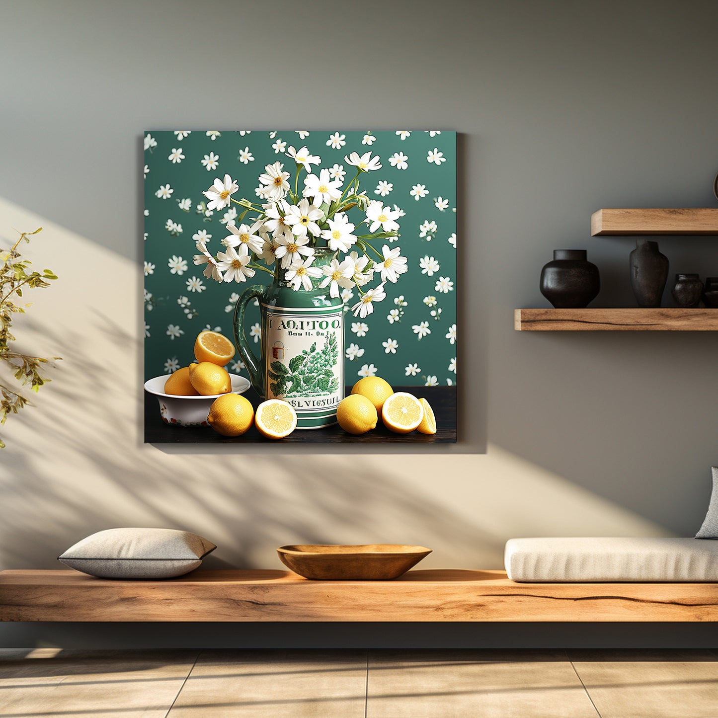 Green and White Floral Art Canvas Print for Living Room Bedroom Home and Office Wall Decor