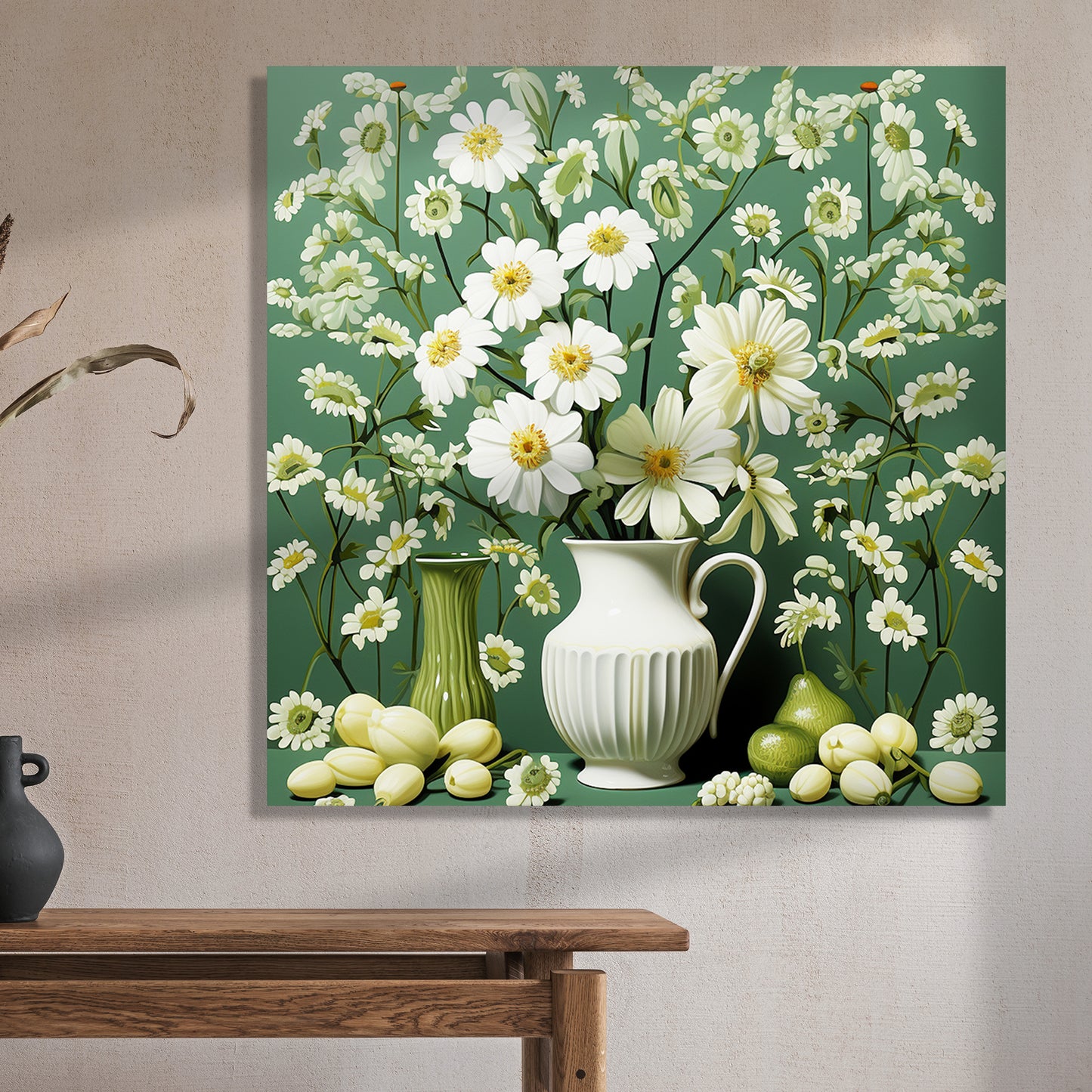 Green and White Floral Art Canvas Print for Living Room Bedroom Home and Office Wall Decor