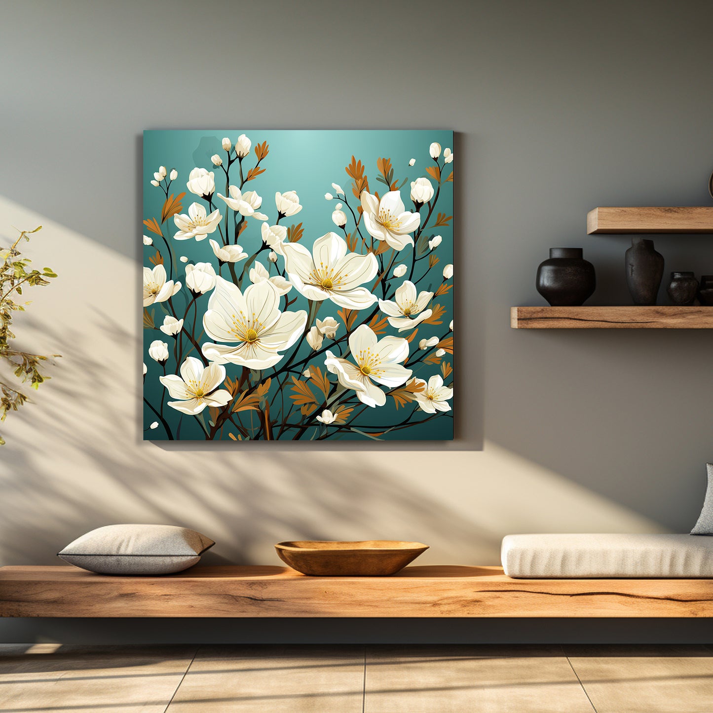 Green and White Floral Canvas Print for Living Room Bedroom Home and Office Wall Decor