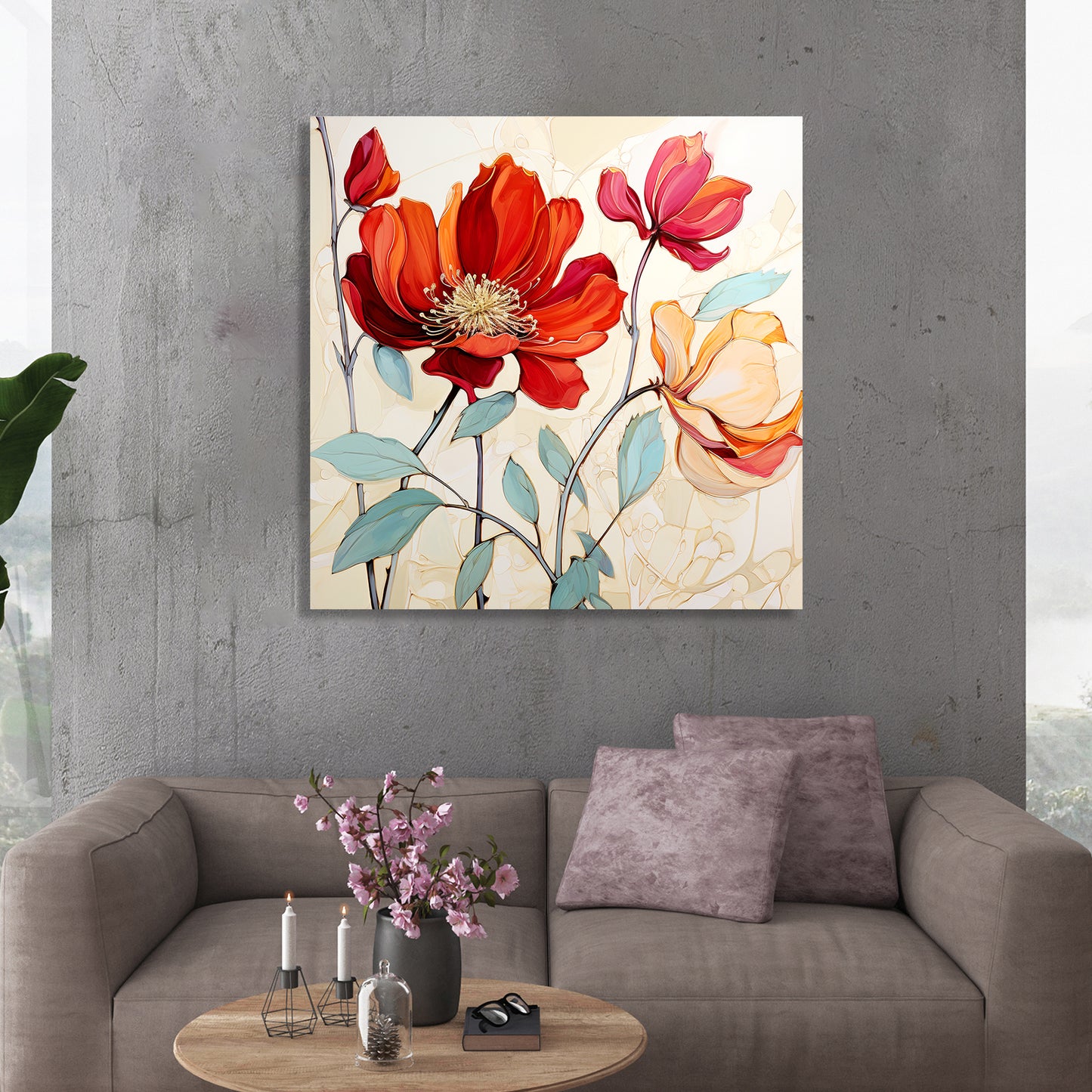 Vibrant Red Floral Canvas Print for Living Room Bedroom Home and Office Wall Decor