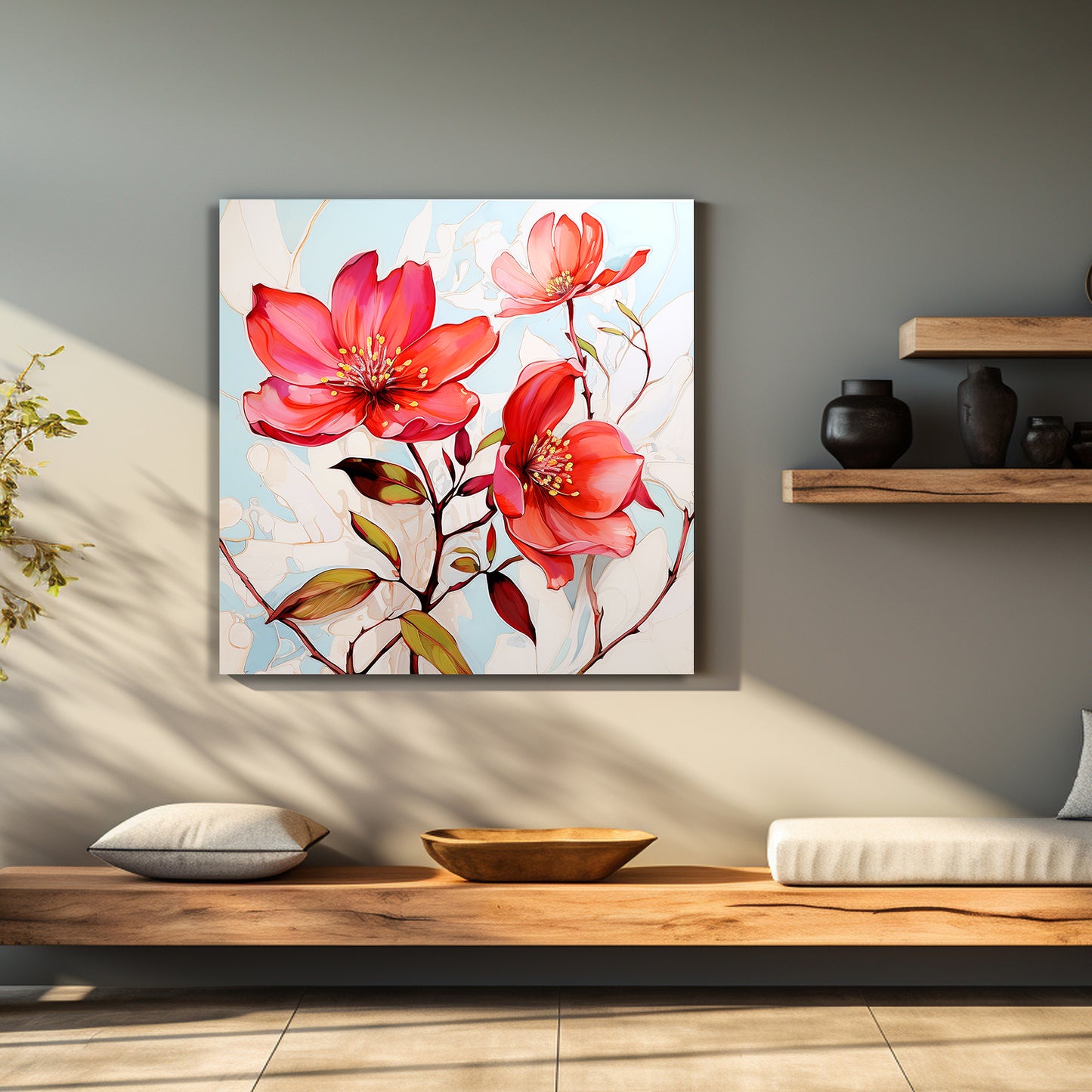 Vibrant Red Floral Canvas Print for Living Room Bedroom Home and Office Wall Decor