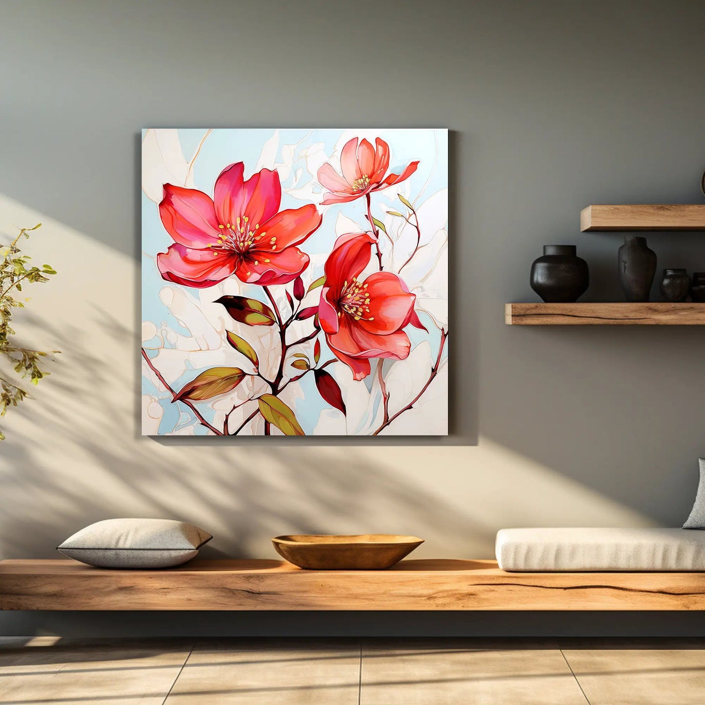 Vibrant Red Floral Canvas Print for Living Room Bedroom Home and Office Wall Decor