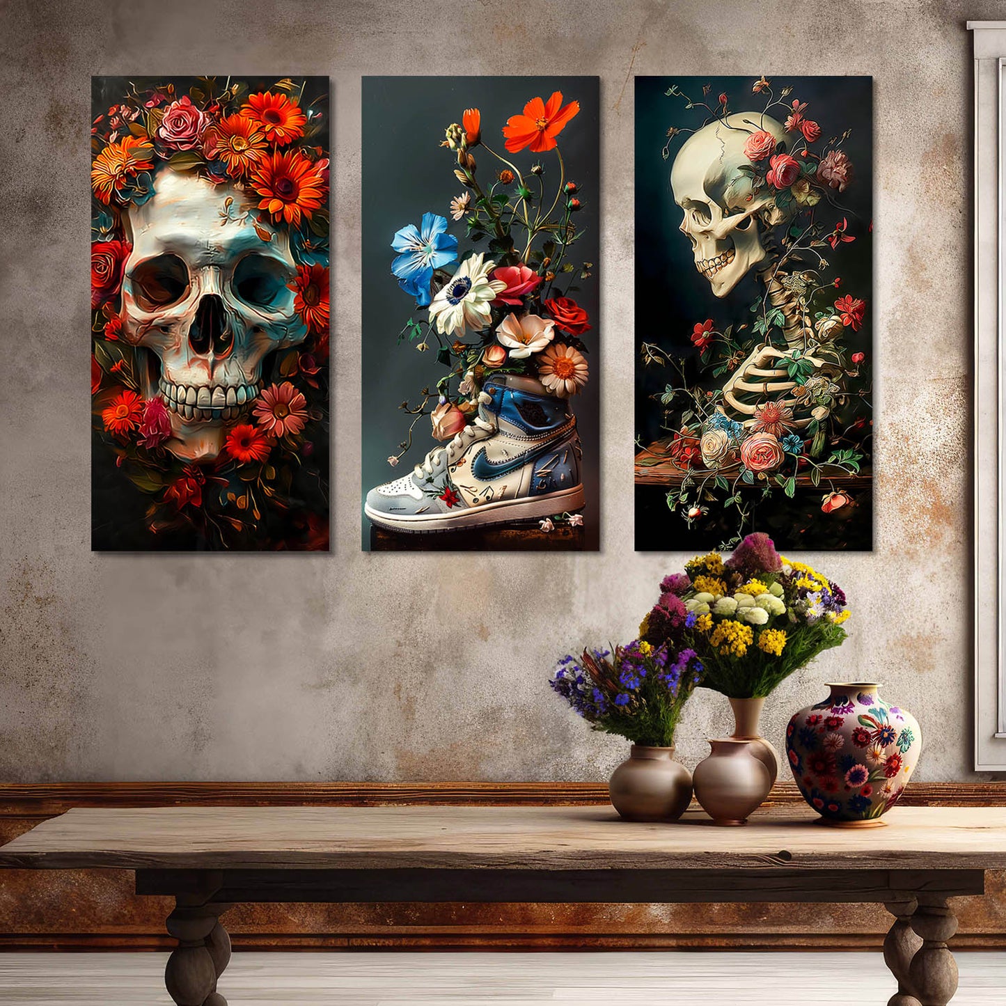 Floral Skull and Sneaker - Modern Gothic Canvas Art Print Set