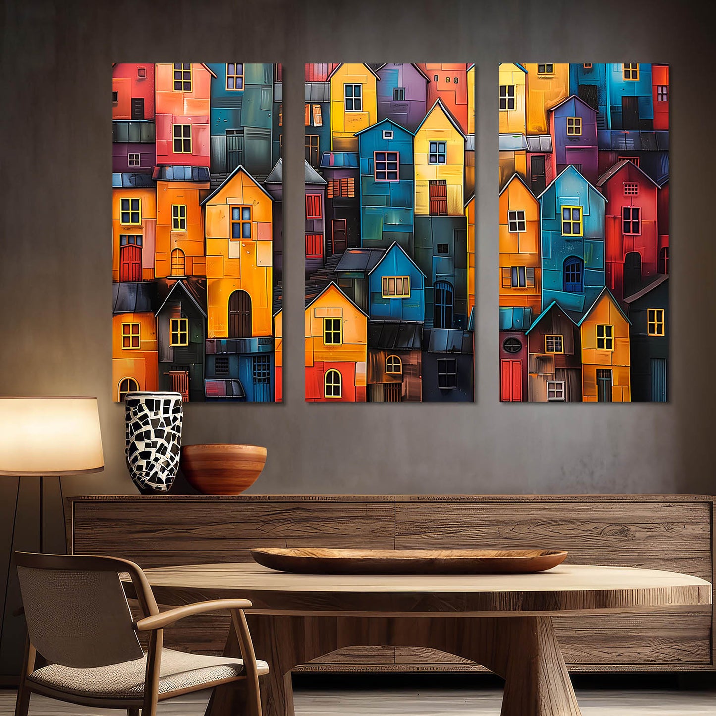 Colorful Urban Landscape - Abstract City Houses Canvas Art Print Set