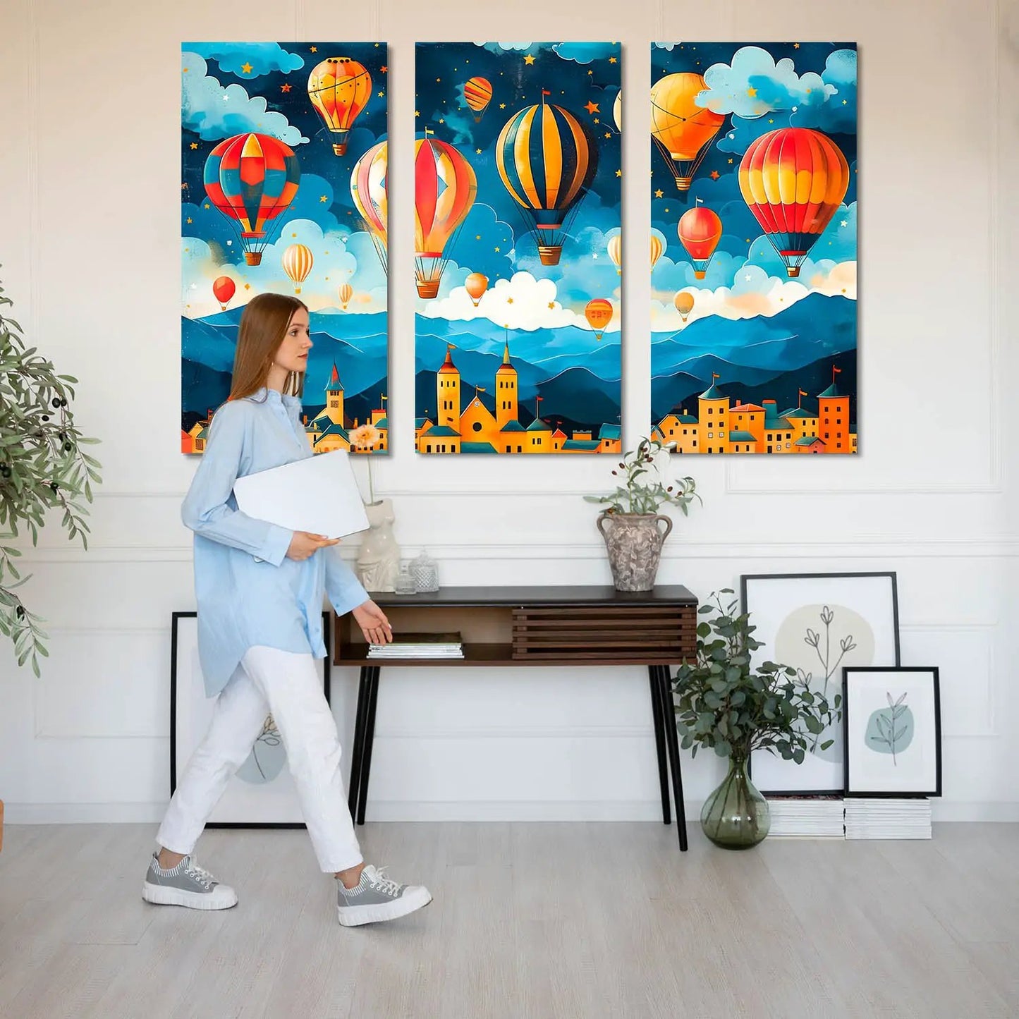 Enchanted Evening Sky - Hot Air Balloons Over Colorful Town Canvas Art Print Set