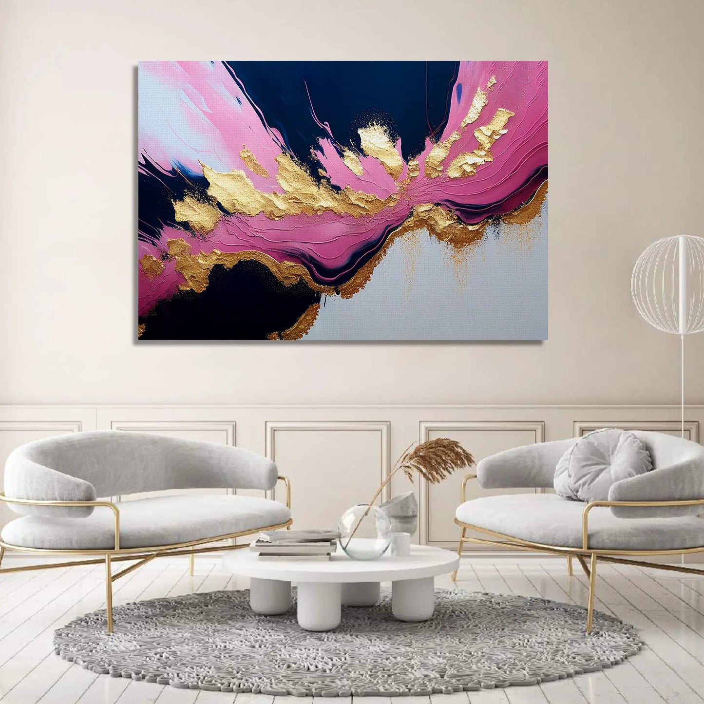 Modern Art Canvas Painting - Pink and Golden Abstract Art Canvas for Living Room Wall Decor-Kotart