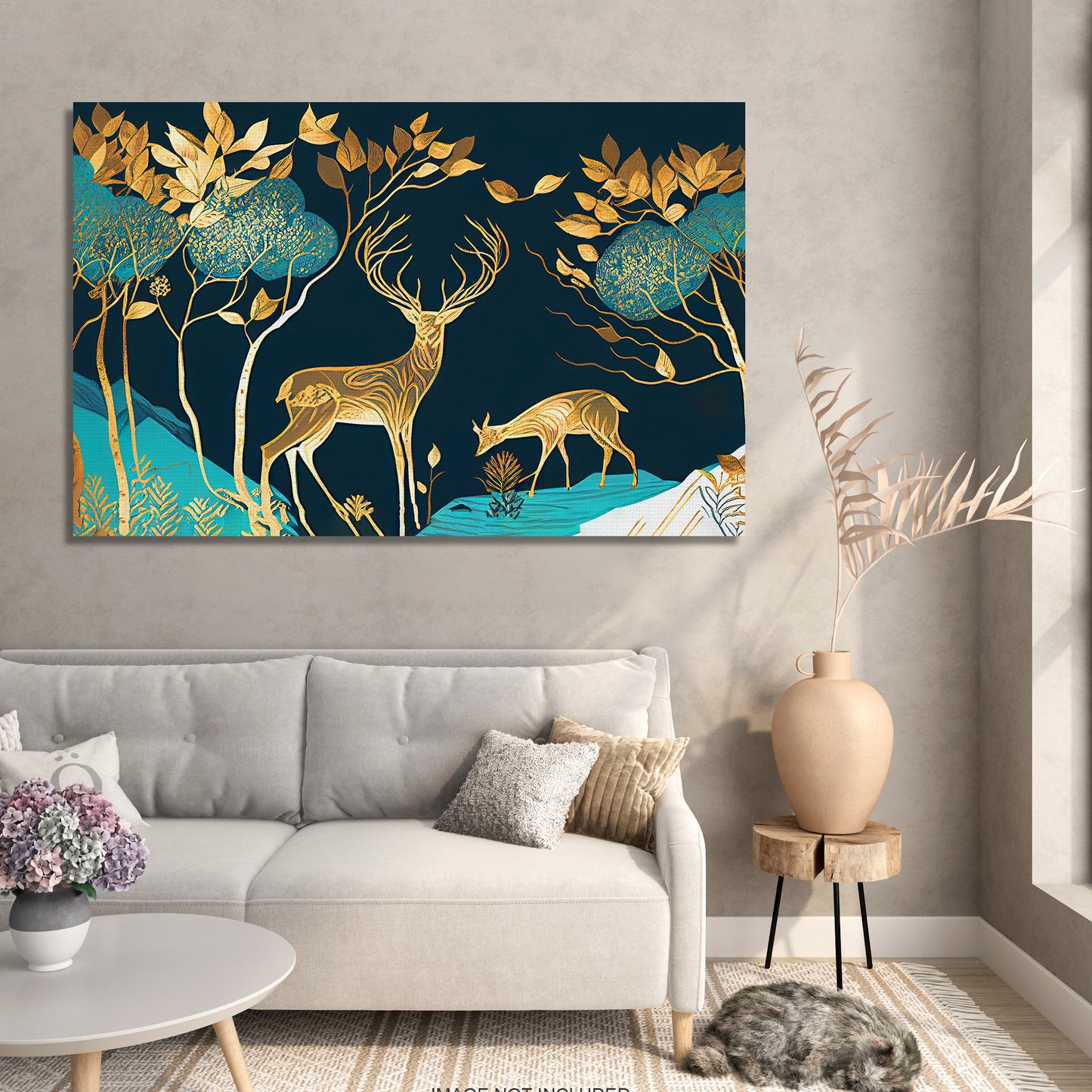 Nature Inspired Modern Deer Art Canvas Painting - Green and Golden-Kotart