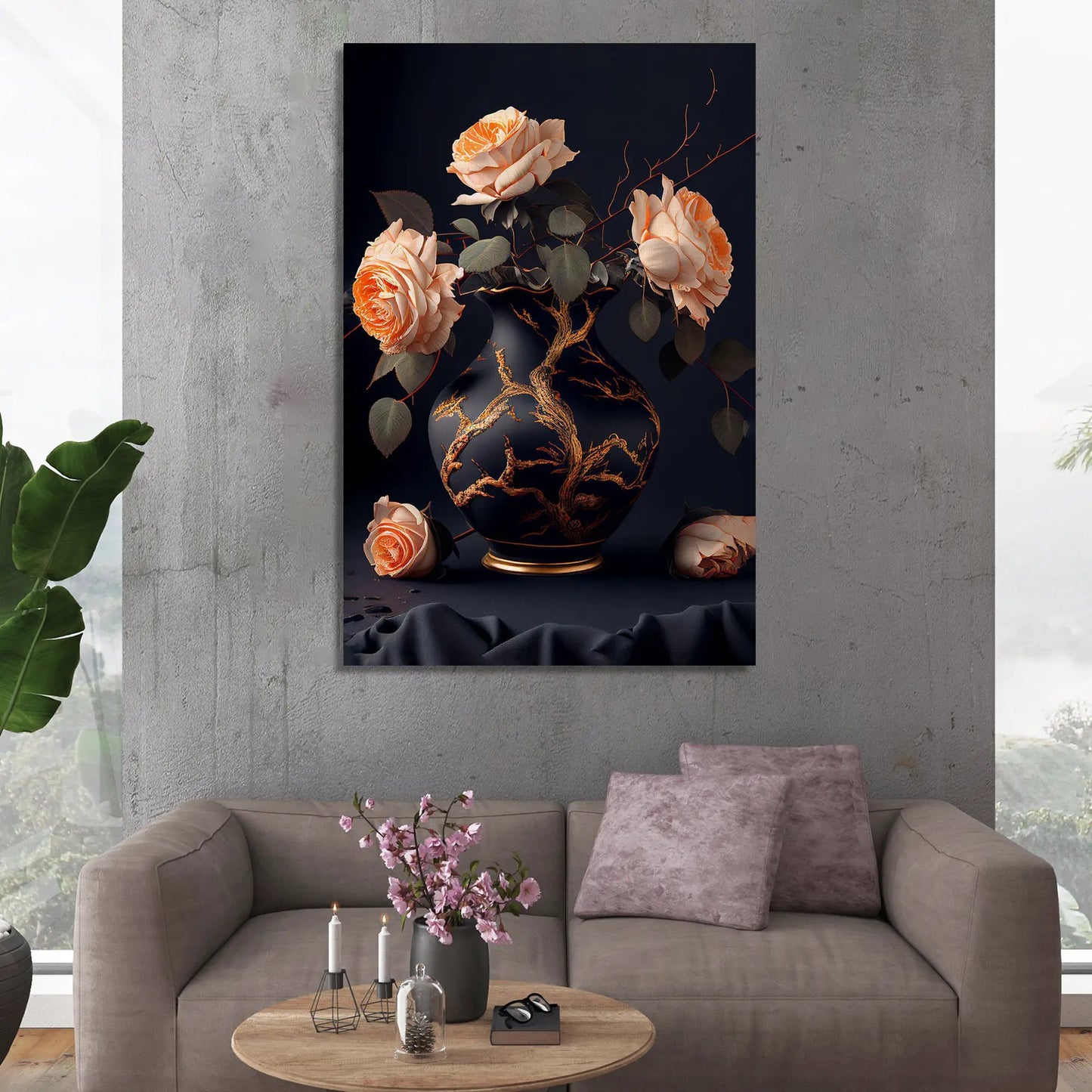 Beautiful Black and Peach Floral Canvas Painting for Living Room Bedrooms Home and Office Wall-Kotart