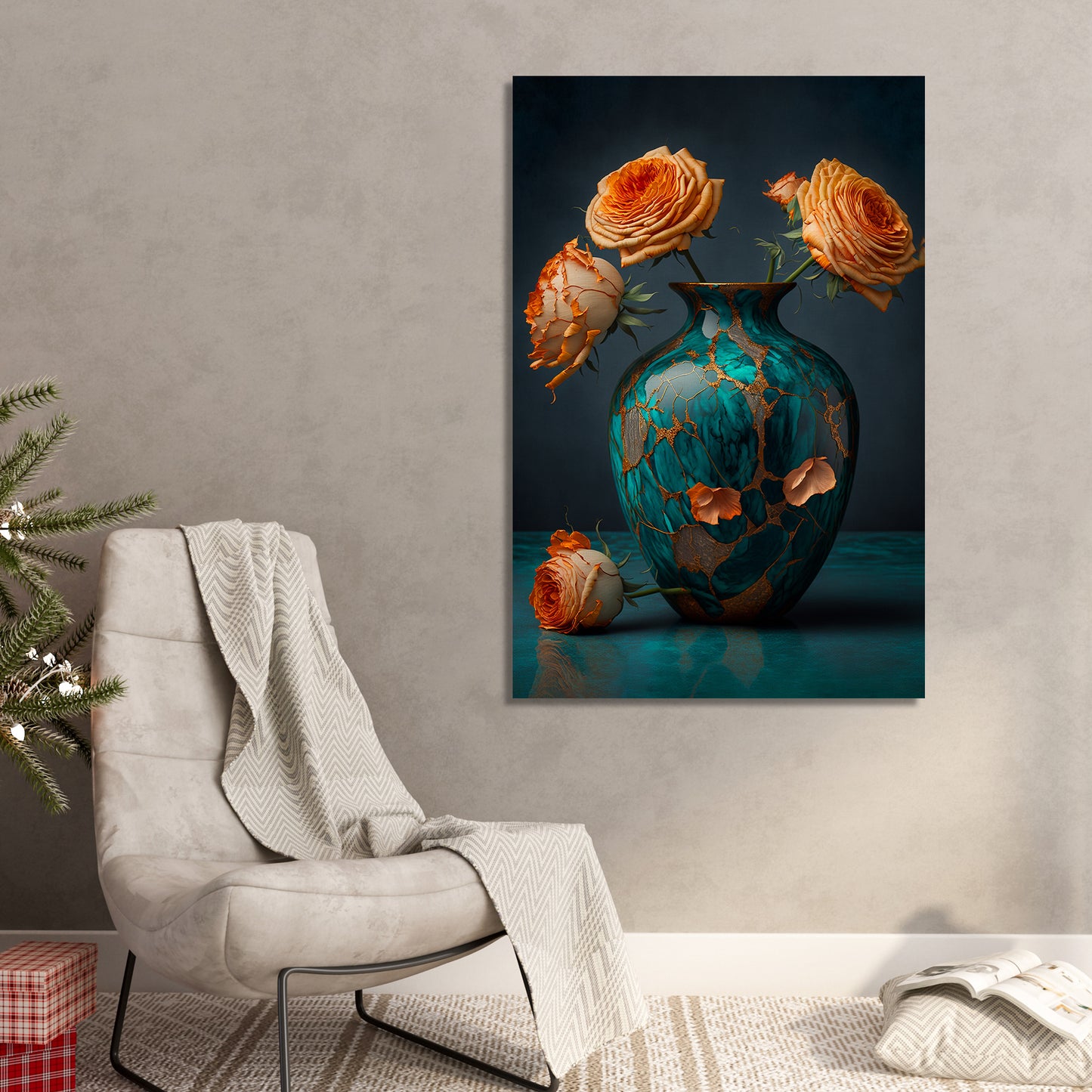 Beautiful Green and Peach Floral Canvas Painting for Living Room Bedrooms Home and Office Wall-Kotart