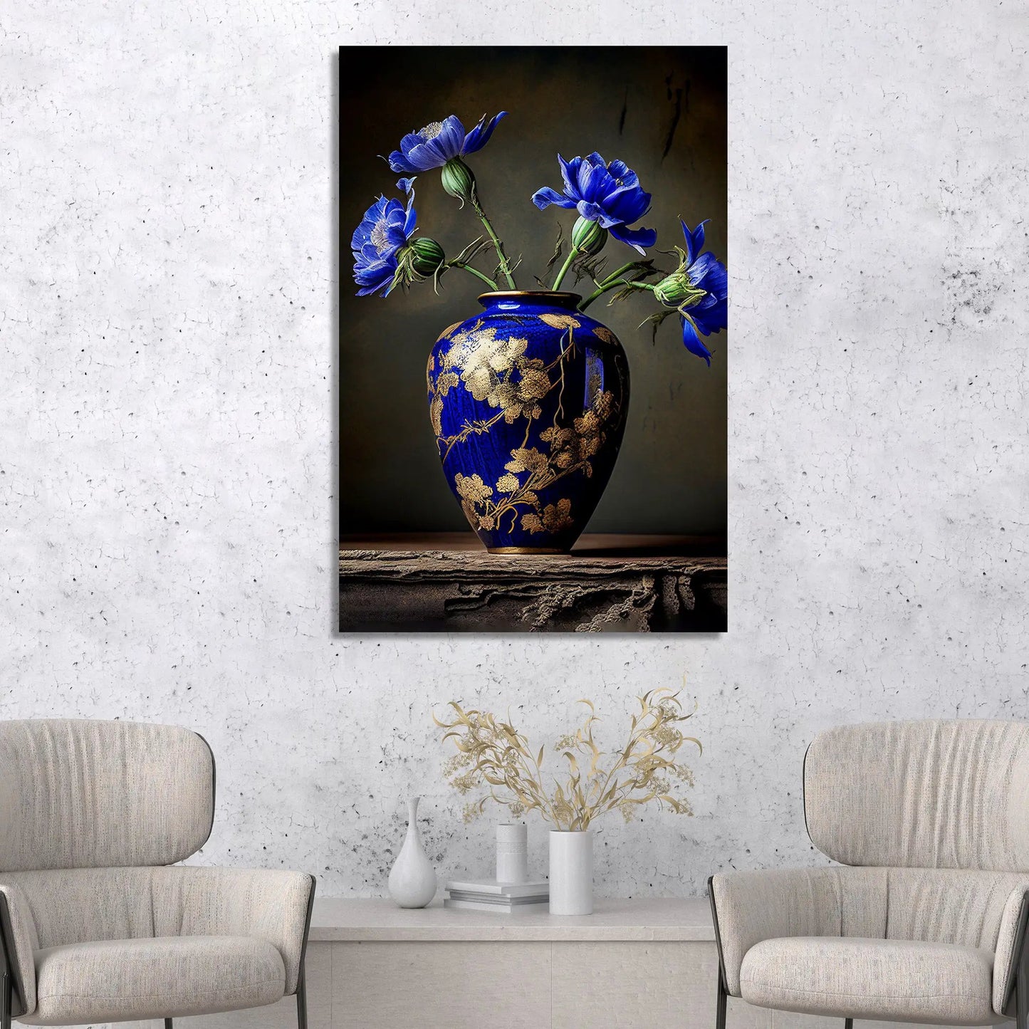 Elegant Vibrant Blue Flower Canvas Painting for Living Room Bedroom Home Wall Decor-Kotart