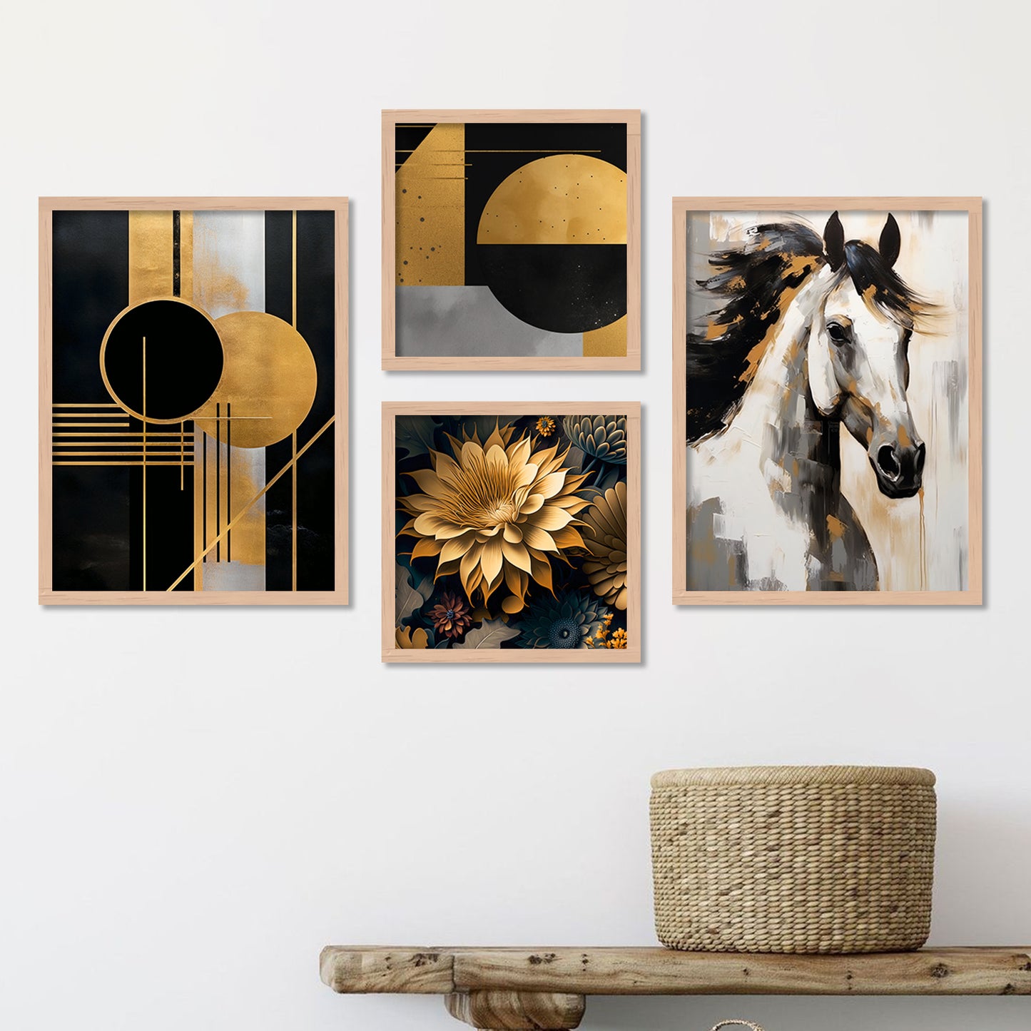 Aesthetic Golden and Black Modern Horse Art Wall Decor Paintings with Frame for Living Room Bedroom Home Decoration-Kotart