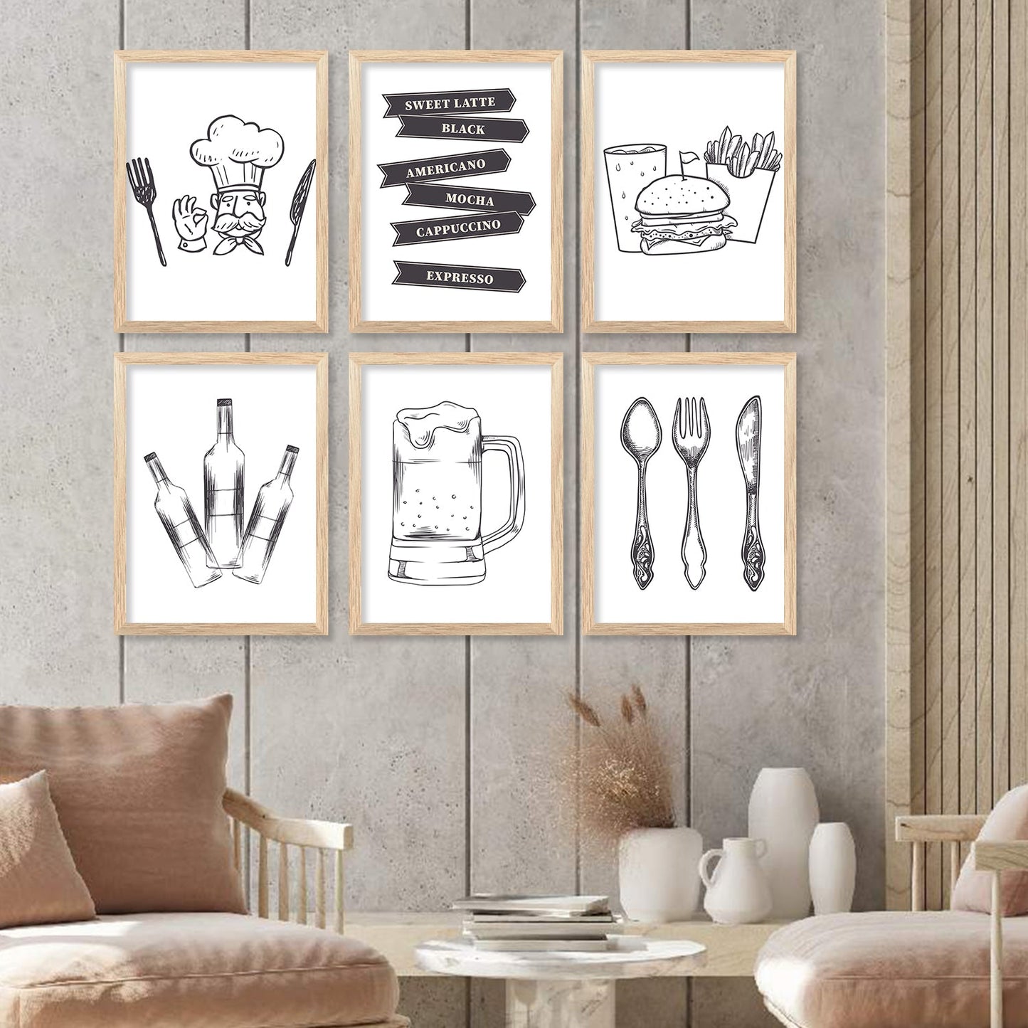 Kitchen Theme Framed Posters for Restaurant Kitchen Dinning Room Cafe Wall Decor Set of 6-Kotart