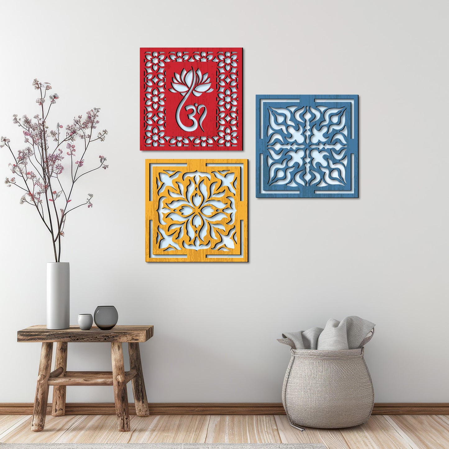 Om & Swastik Design Wall Mirror Set for Mandir Decor | Temple Wall Decor Mirrors