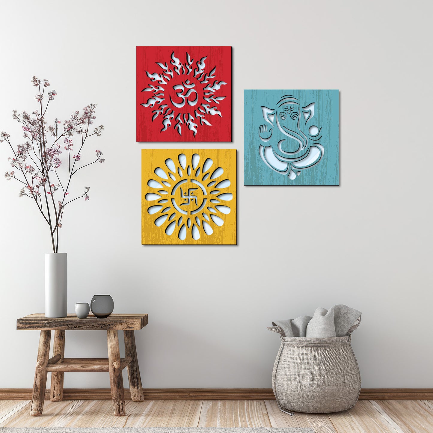 Om Swastik and Shri Ganesha Design Wall Mirror Set for Mandir Decor | Temple Wall Decor Mirrors