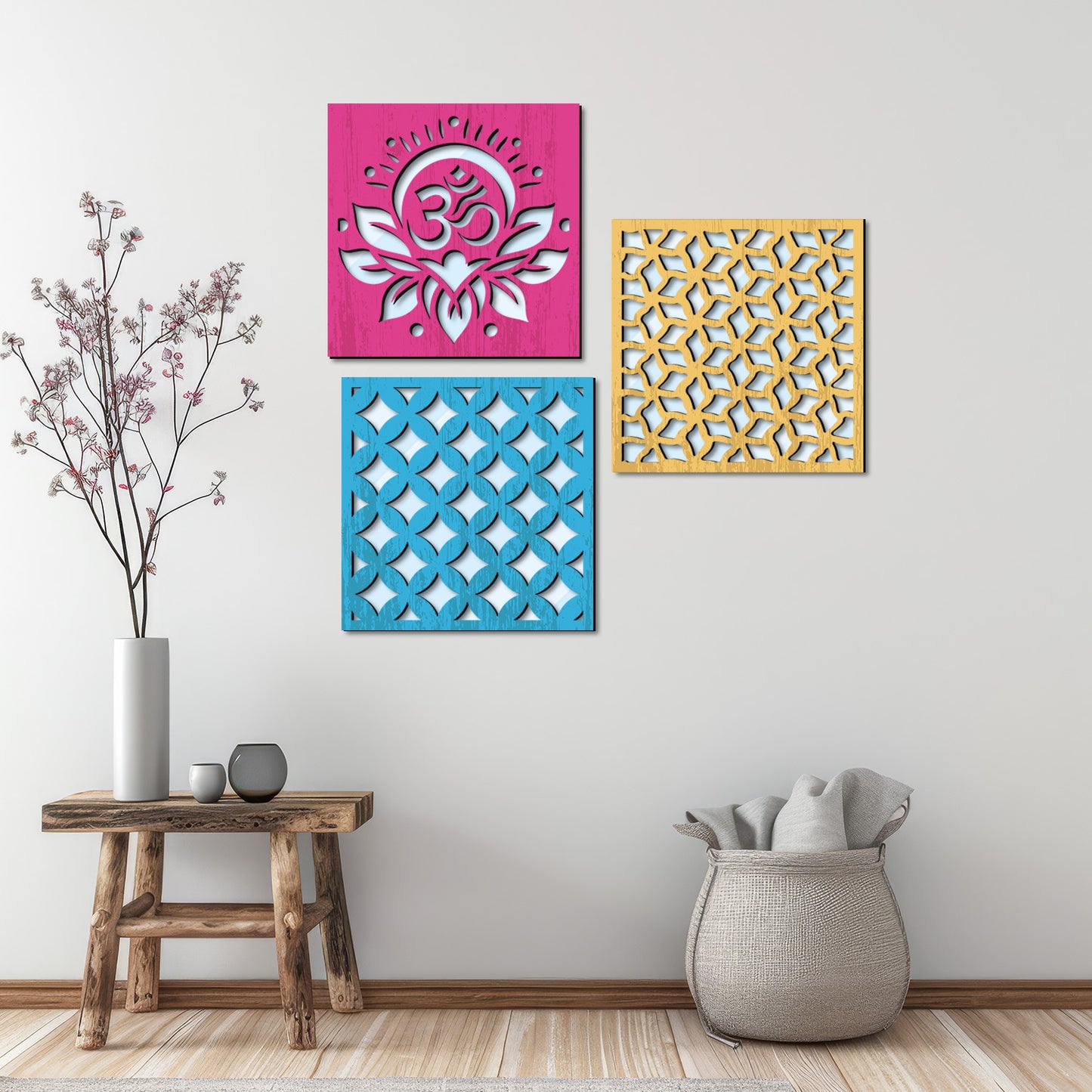 Om Swastik and Shri Ganesha Design Wall Mirror Set for Mandir Decor | Temple Wall Decor Mirrors