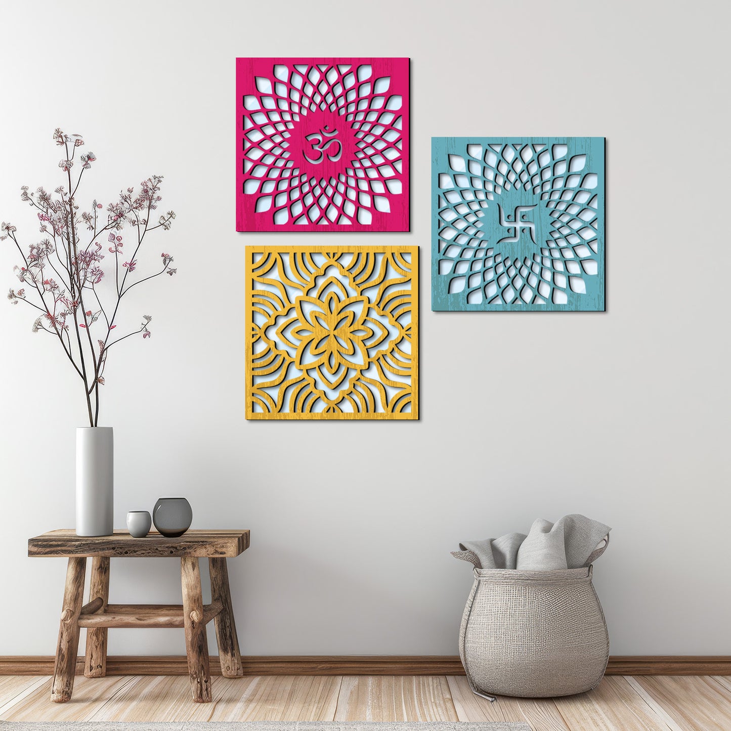 Om Design Wall Mirror Set for Mandir Decor | Temple Wall Decor Mirrors