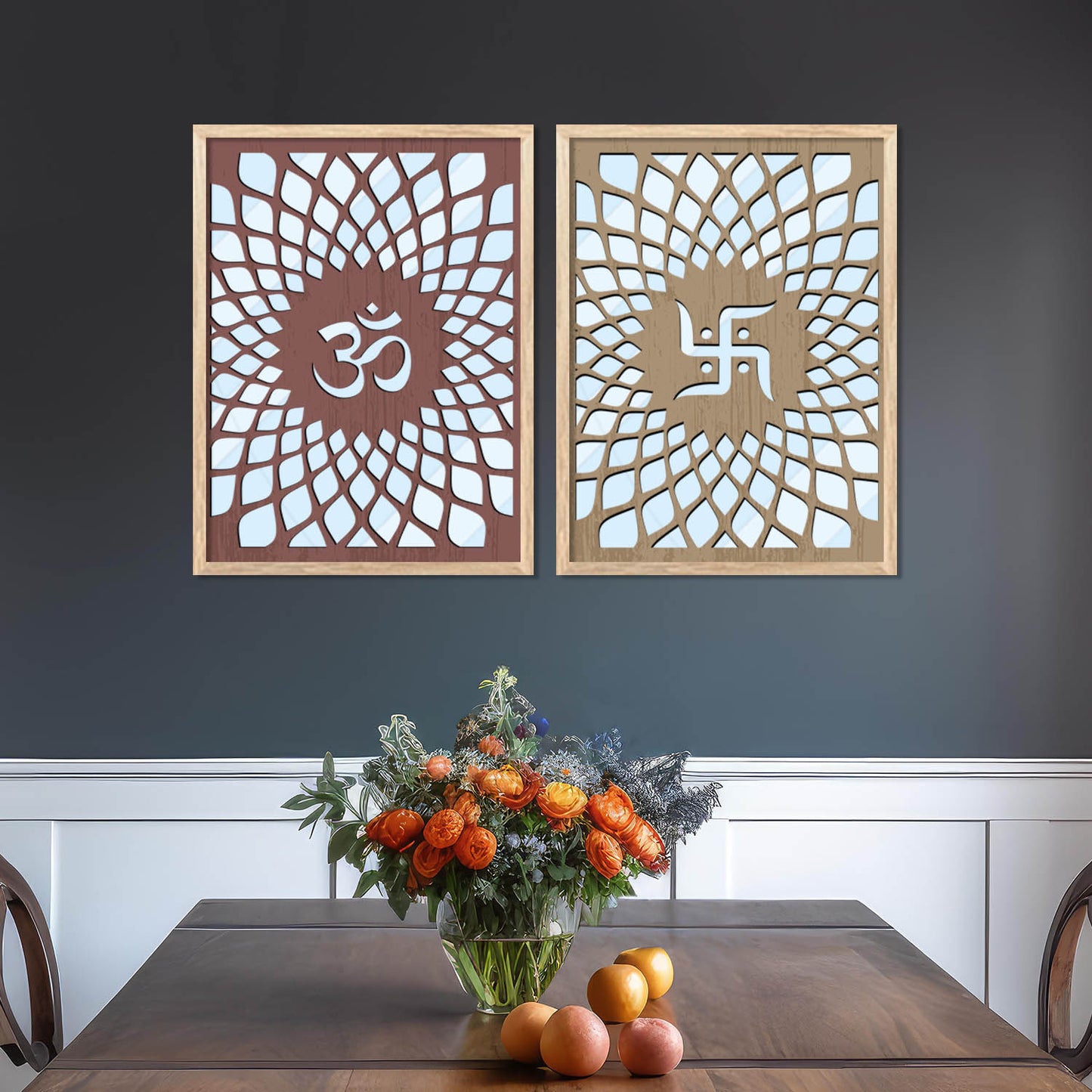 Om & Swastik Design Wall Mirror Set for Mandir Decor | Temple Wall Decor Mirrors