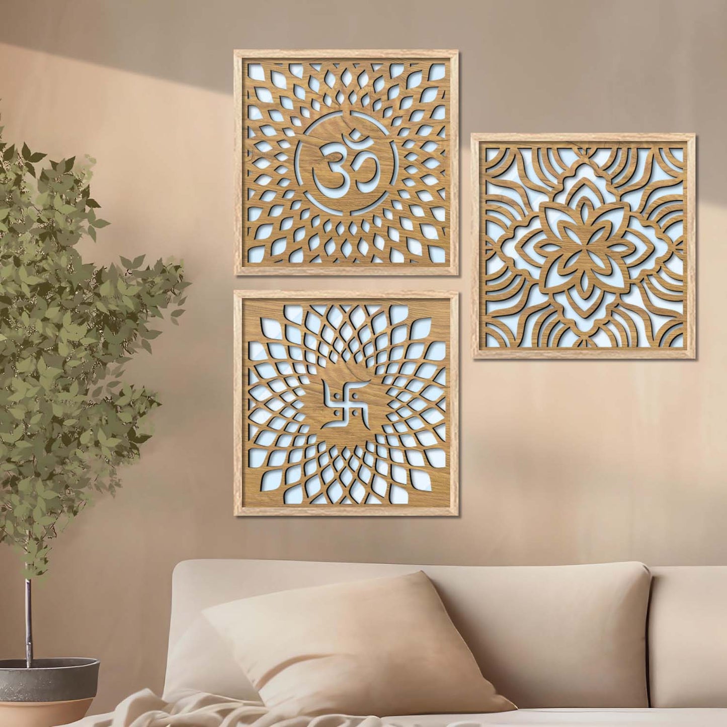 Om & Swastik Design Wall Mirror Set for Mandir Decor | Temple Wall Decor Mirrors