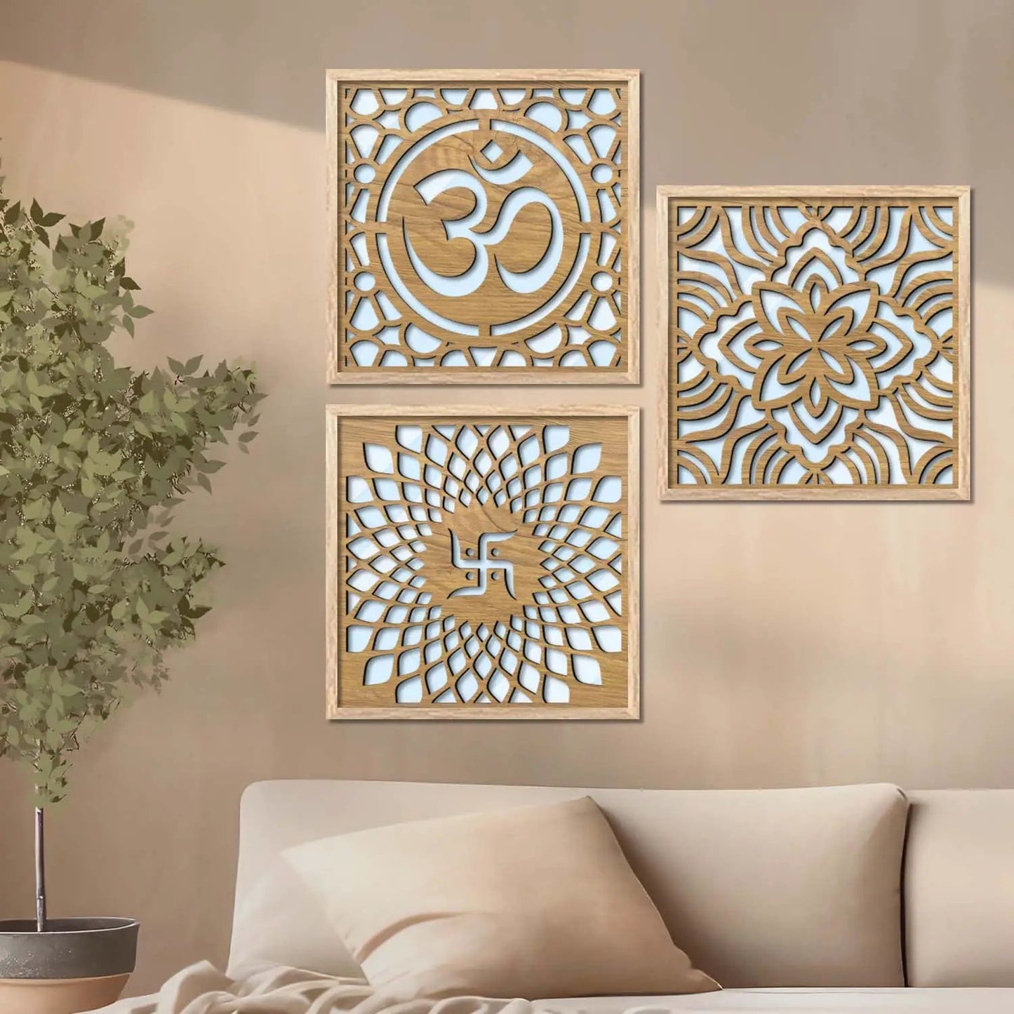 Om & Swastik Design Wall Mirror Set for Mandir Decor | Temple Wall Decor Mirrors
