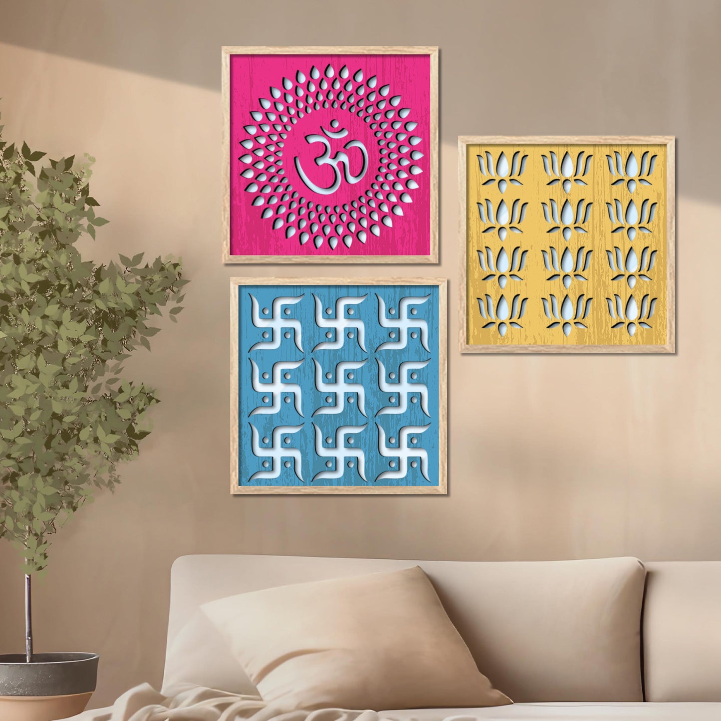 Om & Swastik Design Wall Mirror Set for Mandir Decor | Temple Wall Decor Mirrors