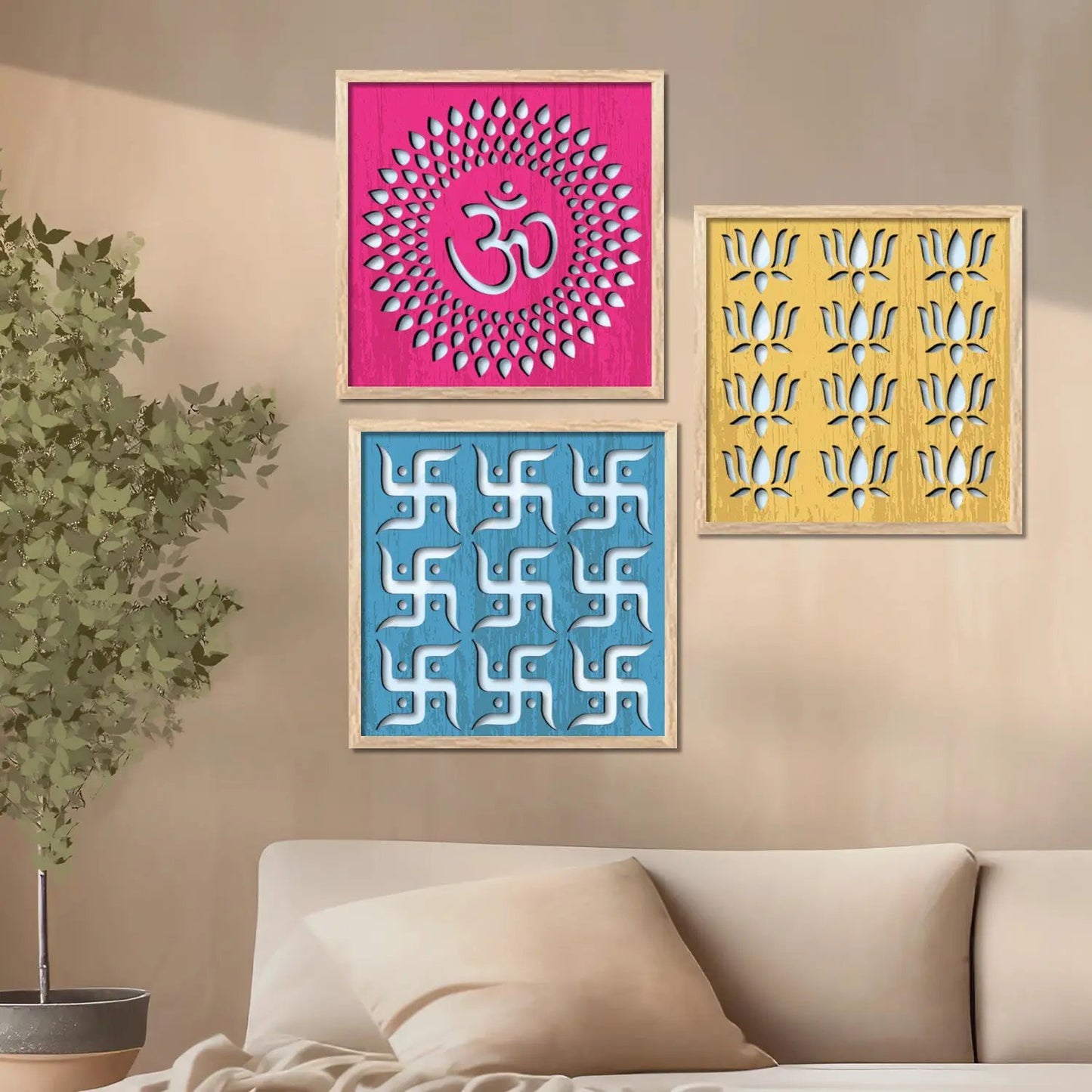 Om & Swastik Design Wall Mirror Set for Mandir Decor | Temple Wall Decor Mirrors