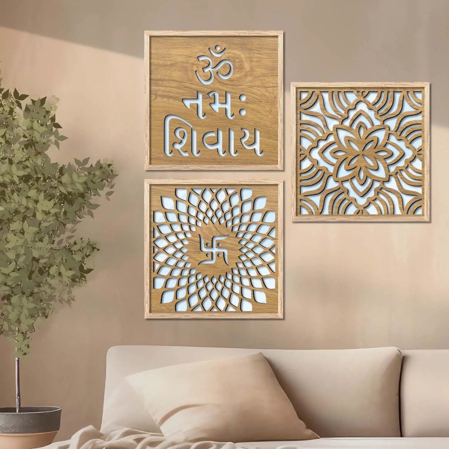 Om & Swastik Design Wall Mirror Set for Mandir Decor | Temple Wall Decor Mirrors