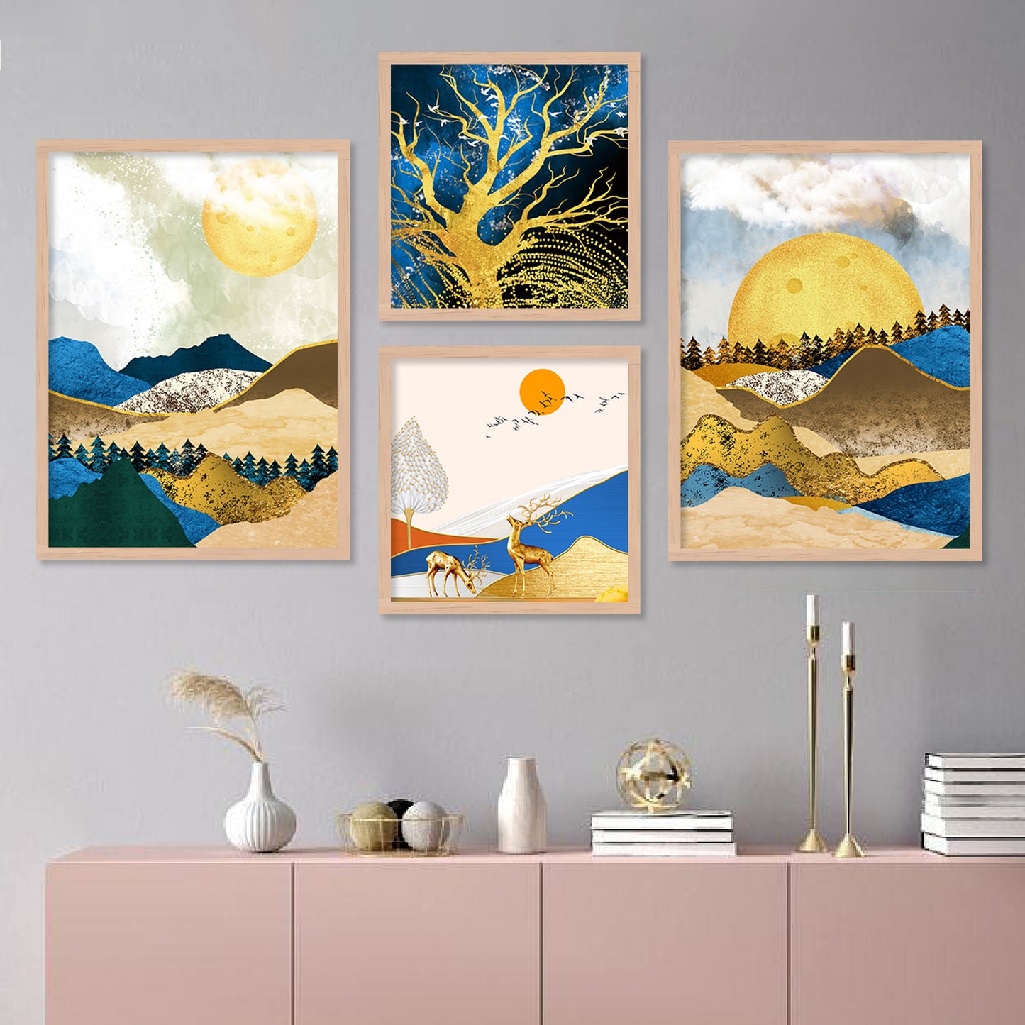 Nature Inspired Luxury Golden Modern Art Framed Painting Combo for Gallery Wall-Kotart