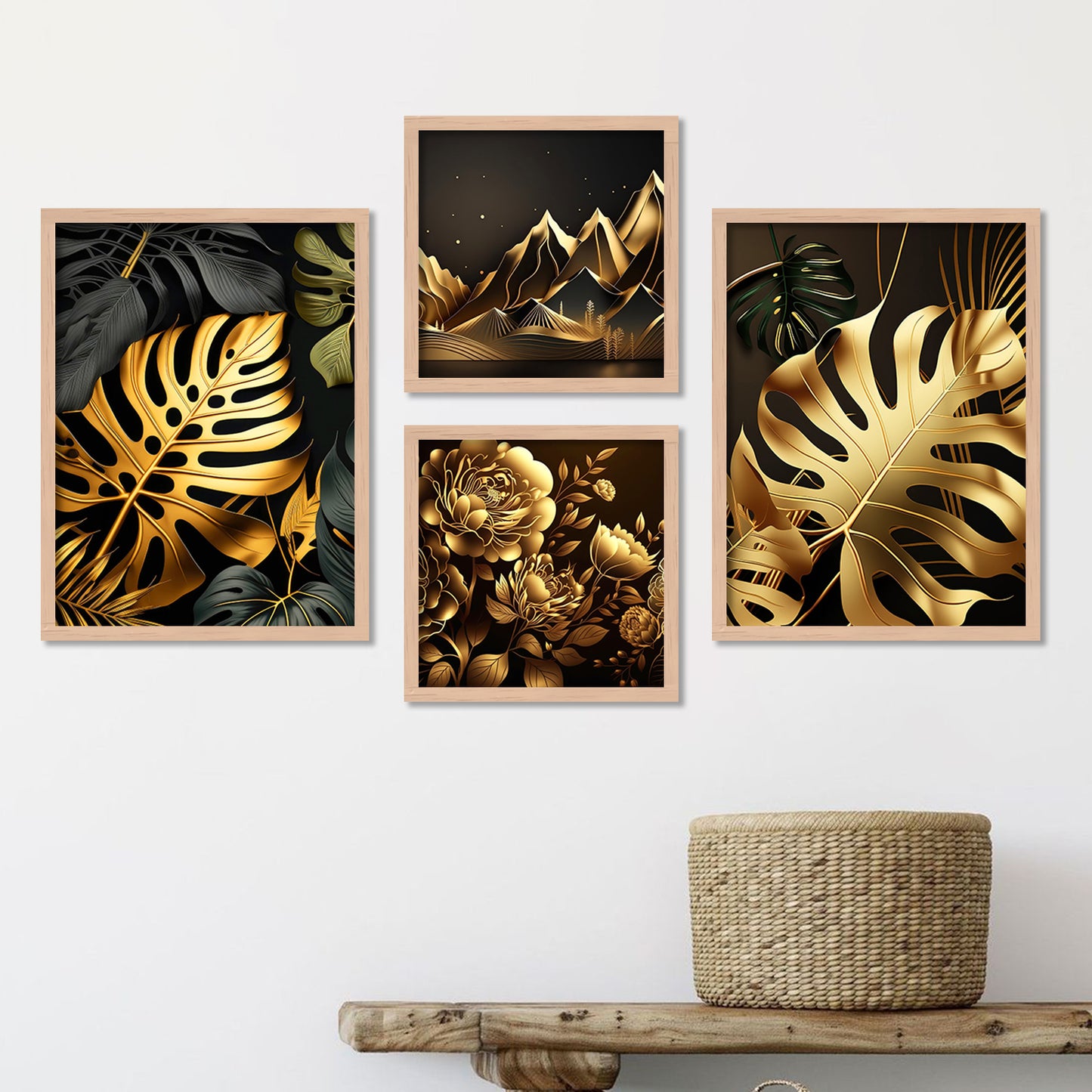 Black and Golden Tropical Leafs Printed Premium Digital Paintings with Frame for Home Decoration-Kotart