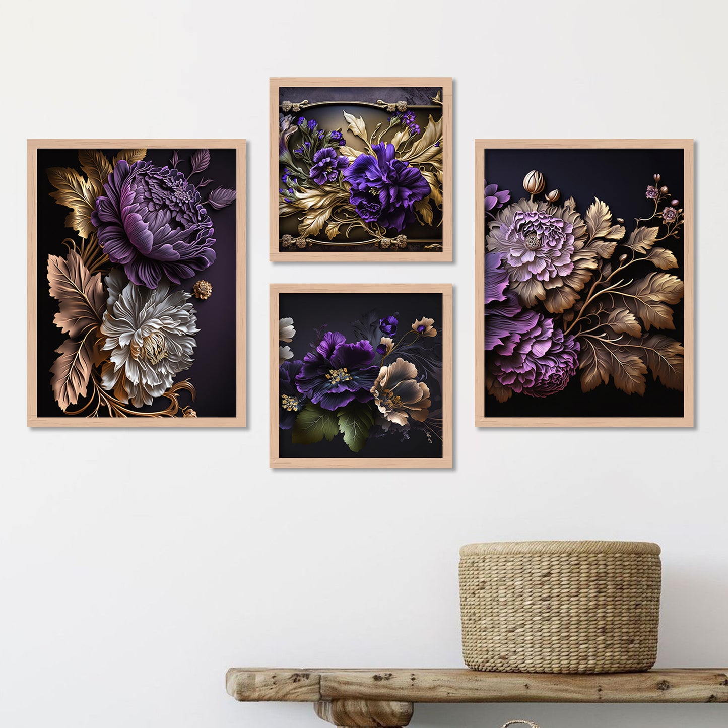 Violet Floral Printed Premium Digital Paintings with Frame for Home Decoration-Kotart