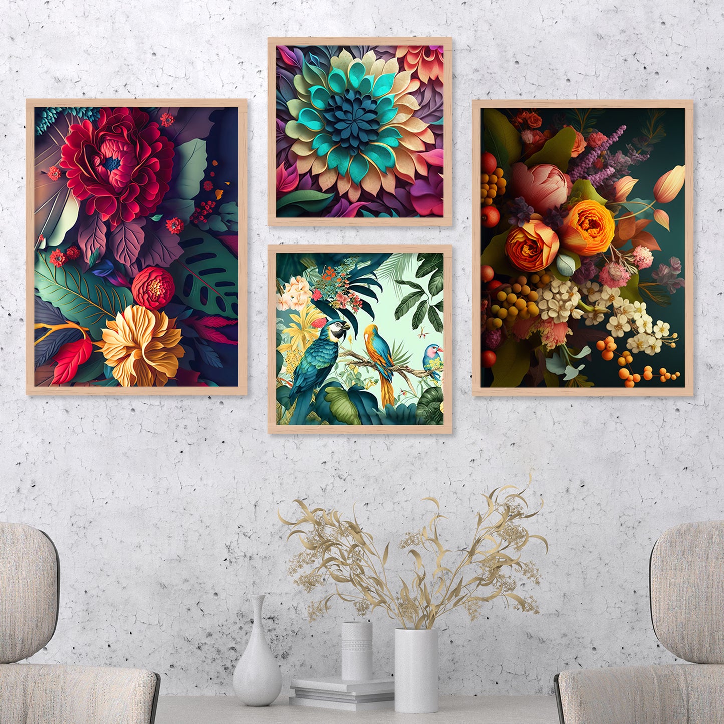 Aesthetics Modern Floral Art Painting with Frame for Living Room Bedroom Office Wall Decor-Kotart