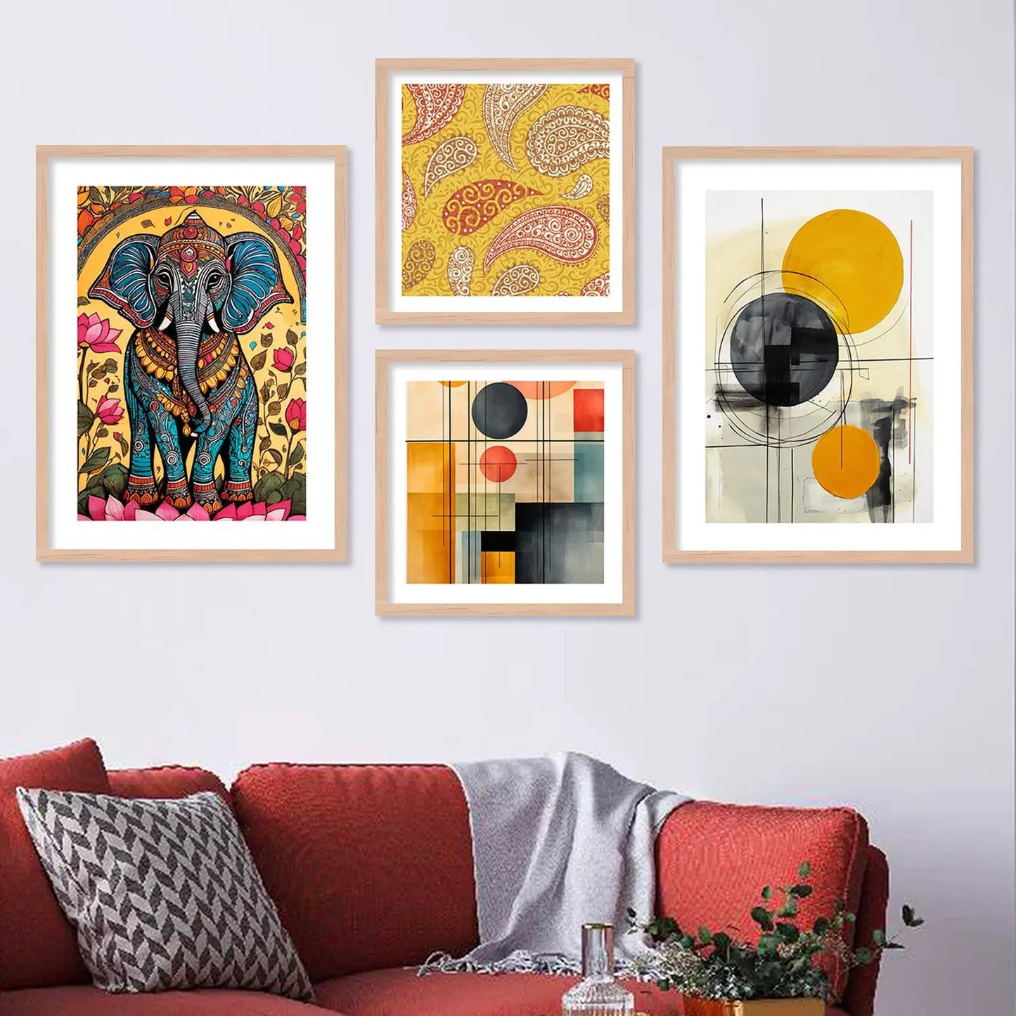 Harmony of Tradition and Modernity: Elephant and Modern Art Framed Painting Combo-Kotart