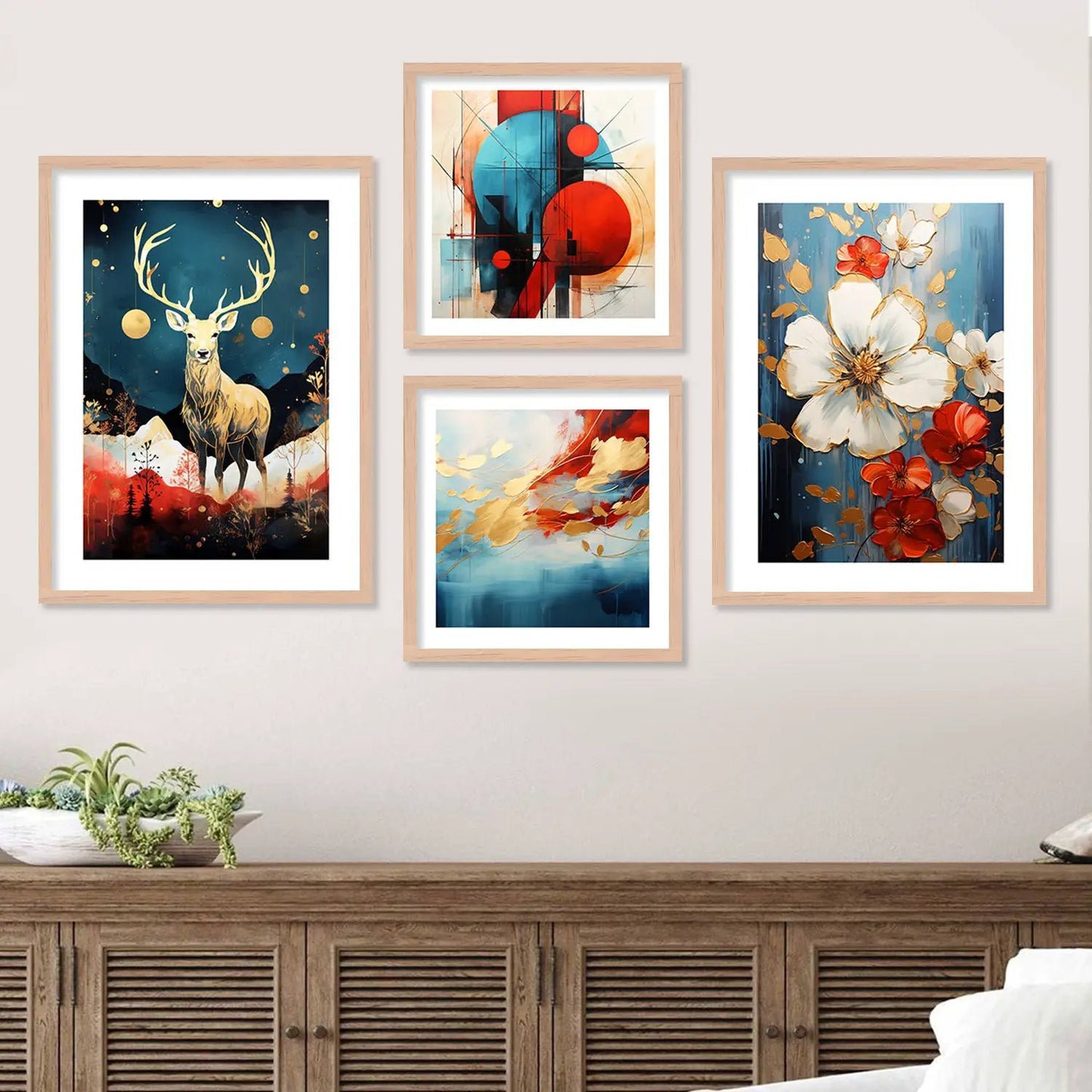 Nature's Grace Meets Modern Art: Deer and Nature-Inspired Painting with Frame Combo-Kotart