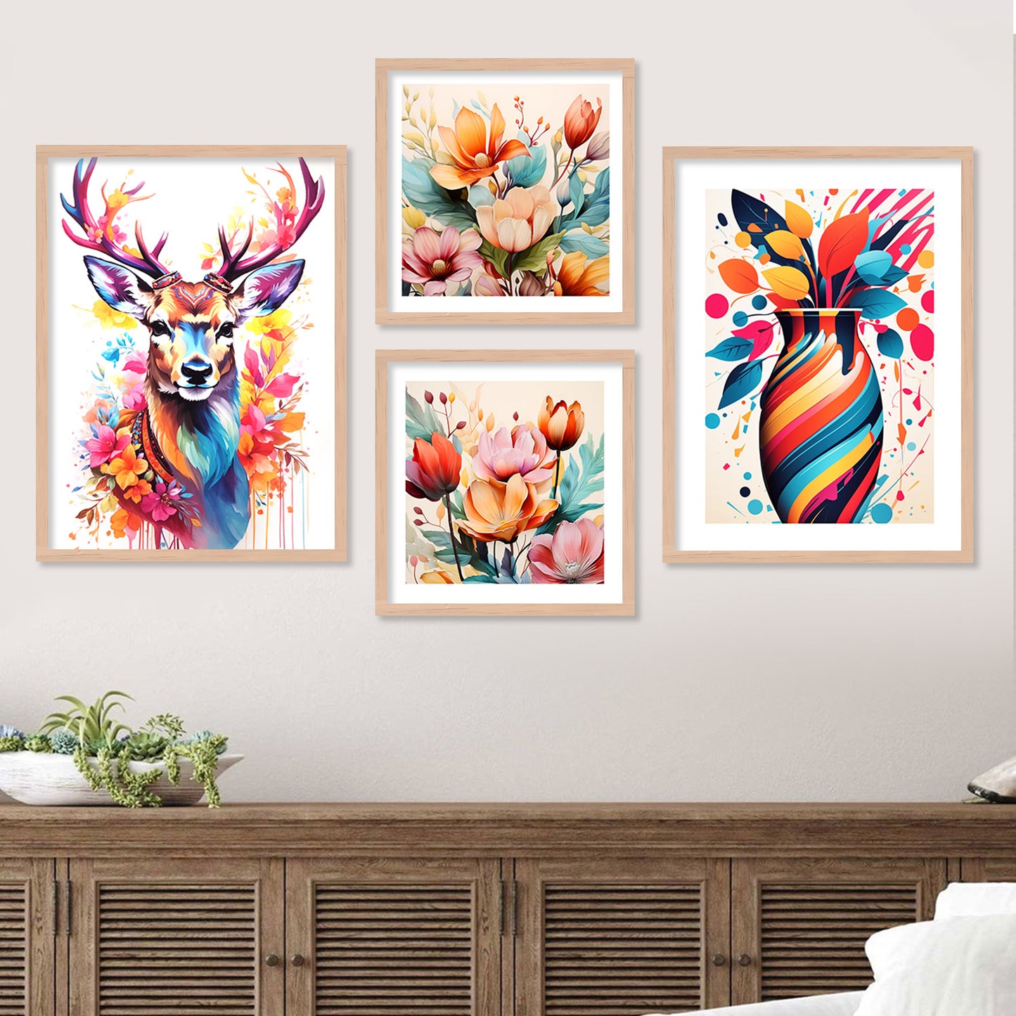 Vibrant Deer and Nature-Inspired Painting with Frame-Kotart