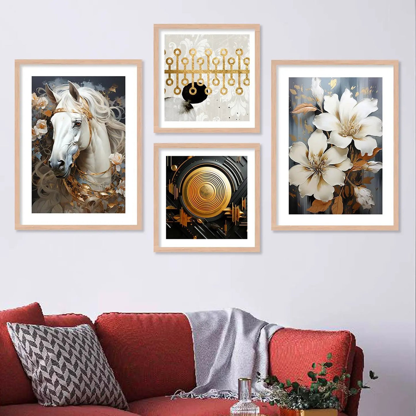 Elegant Equine and Modern Art Fusion: Black and Golden Horse Framed Painting Combo for Gallery Wall-Kotart