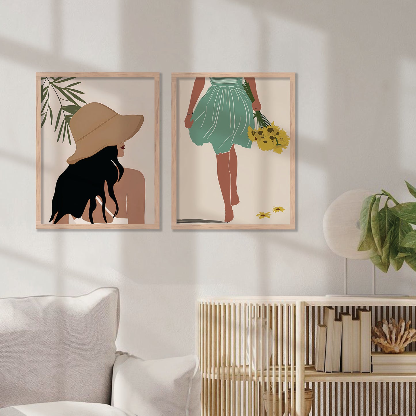 Stylish Woman in Sun Hat & Fresh Floral Bouquet Illustration