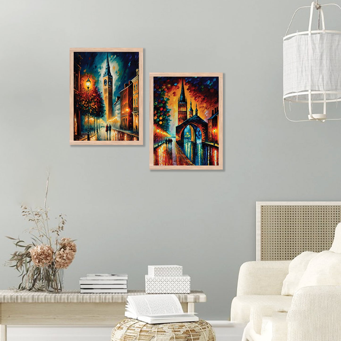 Vibrant Cityscape Prints: Illuminated Nighttime Streets & Historical Landmarks