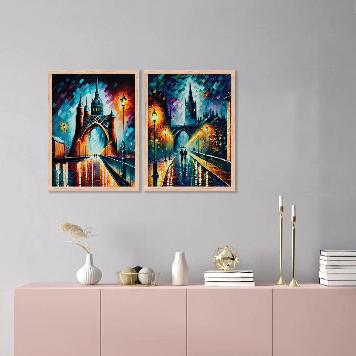 Vibrant Cityscape Prints: Illuminated Nighttime Streets & Historical Landmarks