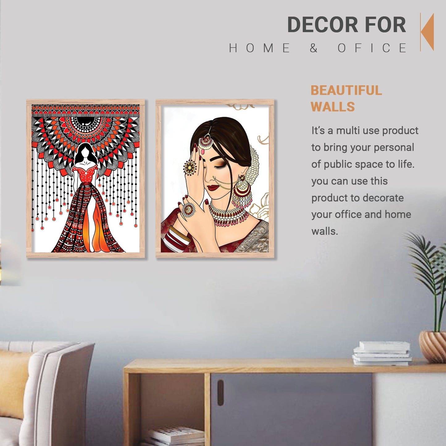 Exquisite Cultural Art Prints: Mandala-Inspired Dancer & Elegantly Adorned Woman - Set of 2 Framed Illustrations