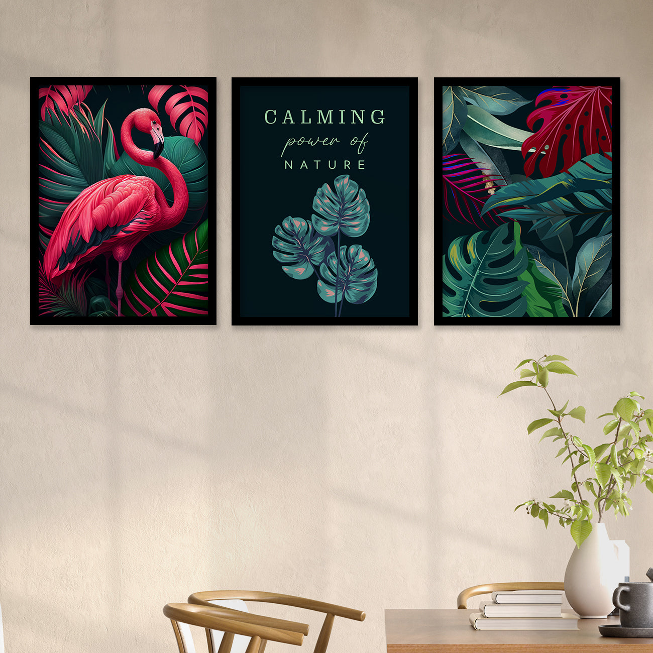 Nature Inspired Beautiful Flamingo and Botanical Leaf Paintings for Living Room Bedroom Home and Office Wall Decor-Kotart