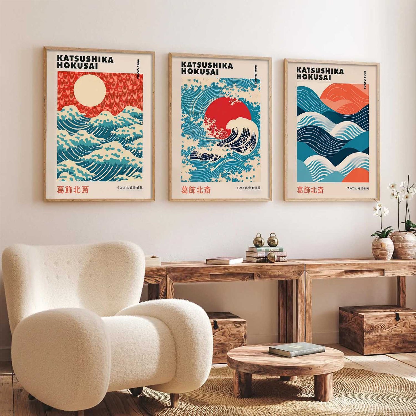 Japanese Waves and Sun Wall Art Paintings for Living Room Bedroom