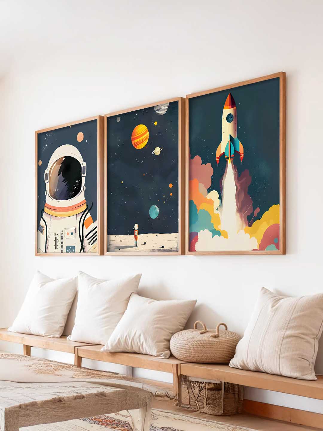 Retro Space Astronaut Planet Rocket Educational Wall Art Paintings for Living Room Bedroom