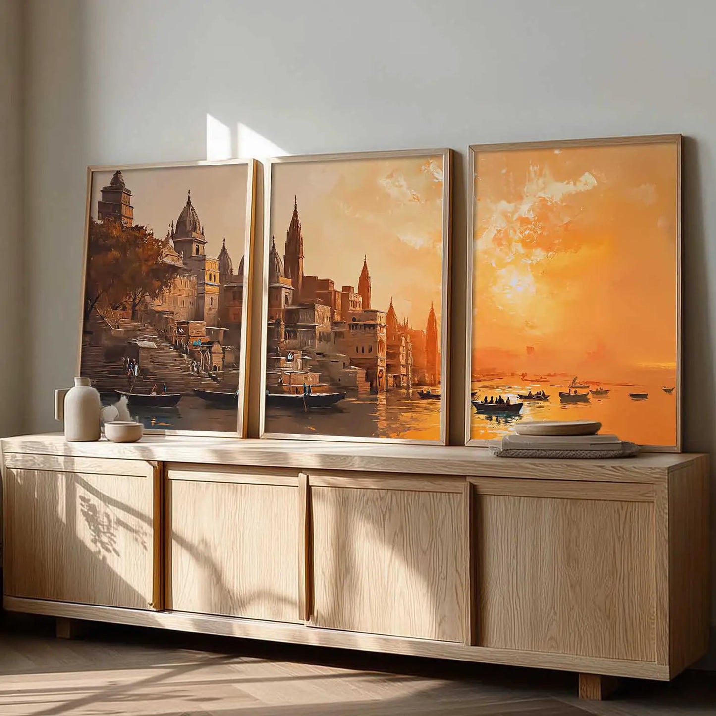 Banaras Ghat Framed Wall Art Prints | Set of 3 | Home Decor