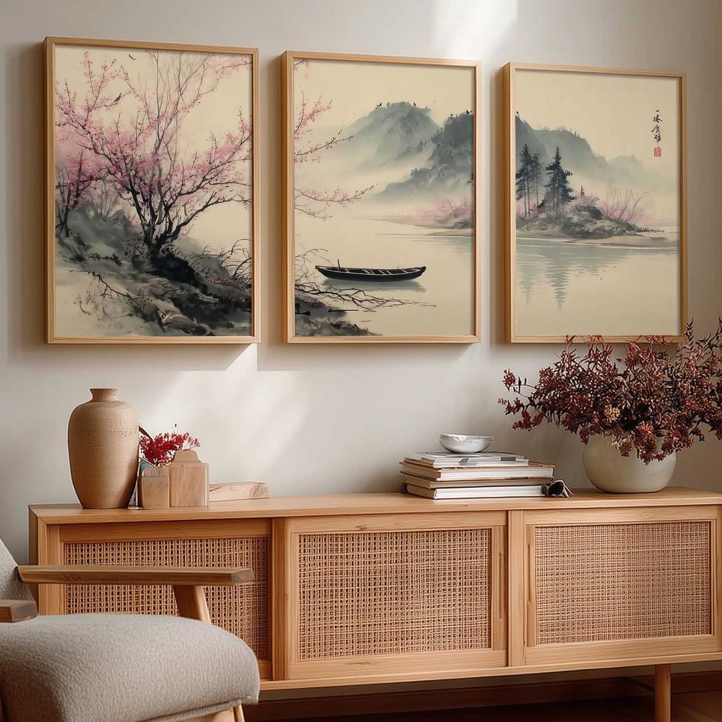 Big Aesthetic Nature Art Wall Framed Posters | Japanese Nature View Framed Painting for Living Room Bedroom Wall Decor