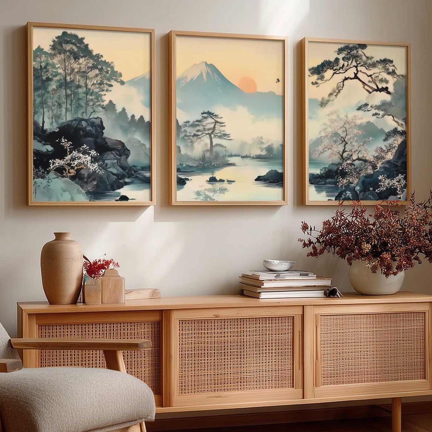 Japanese Nature Art View Framed Poster | Big Aesthetic Mountain View Art Wall Framed Posters for Living Room Bedroom Wall Decor