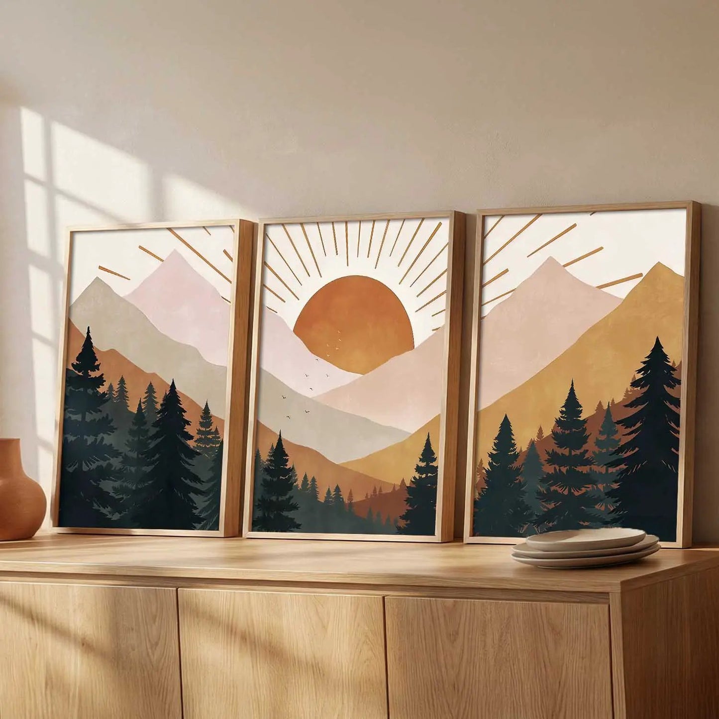 Boho Mountain View Framed Painting | Big Aesthetic Nature Inspired Framed Paintings for Living Room Bedroom Wall Decor